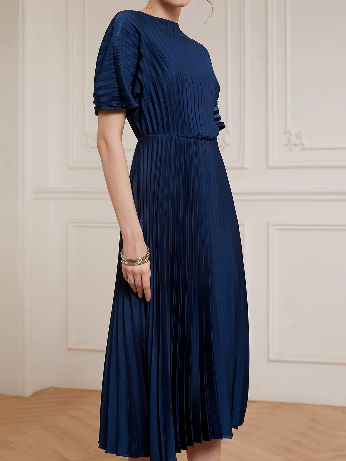 Dark Blue Satin Pleated Boat Neck A-Line Midi Dress