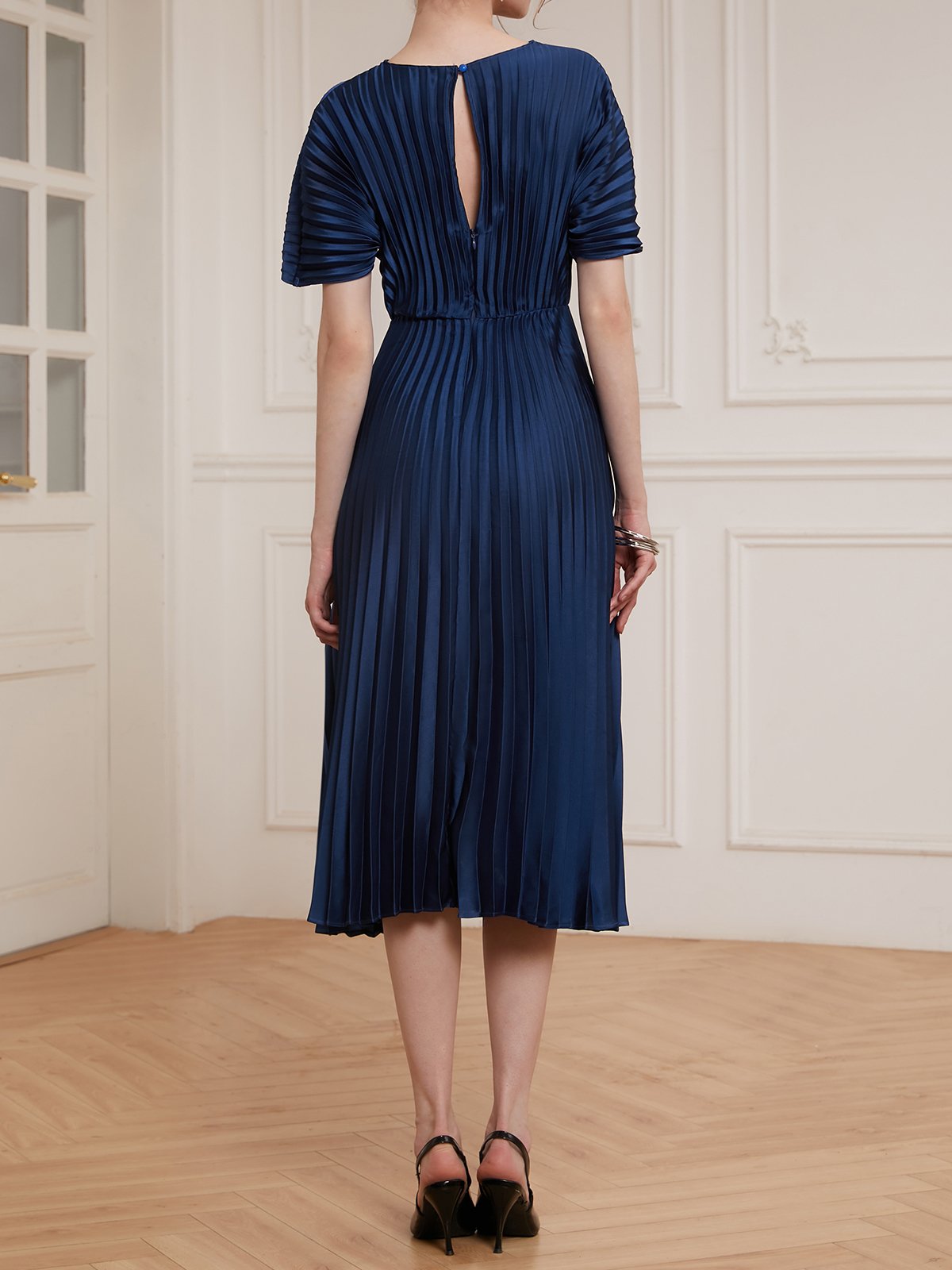 Dark Blue Satin Pleated Boat Neck A-Line Midi Dress