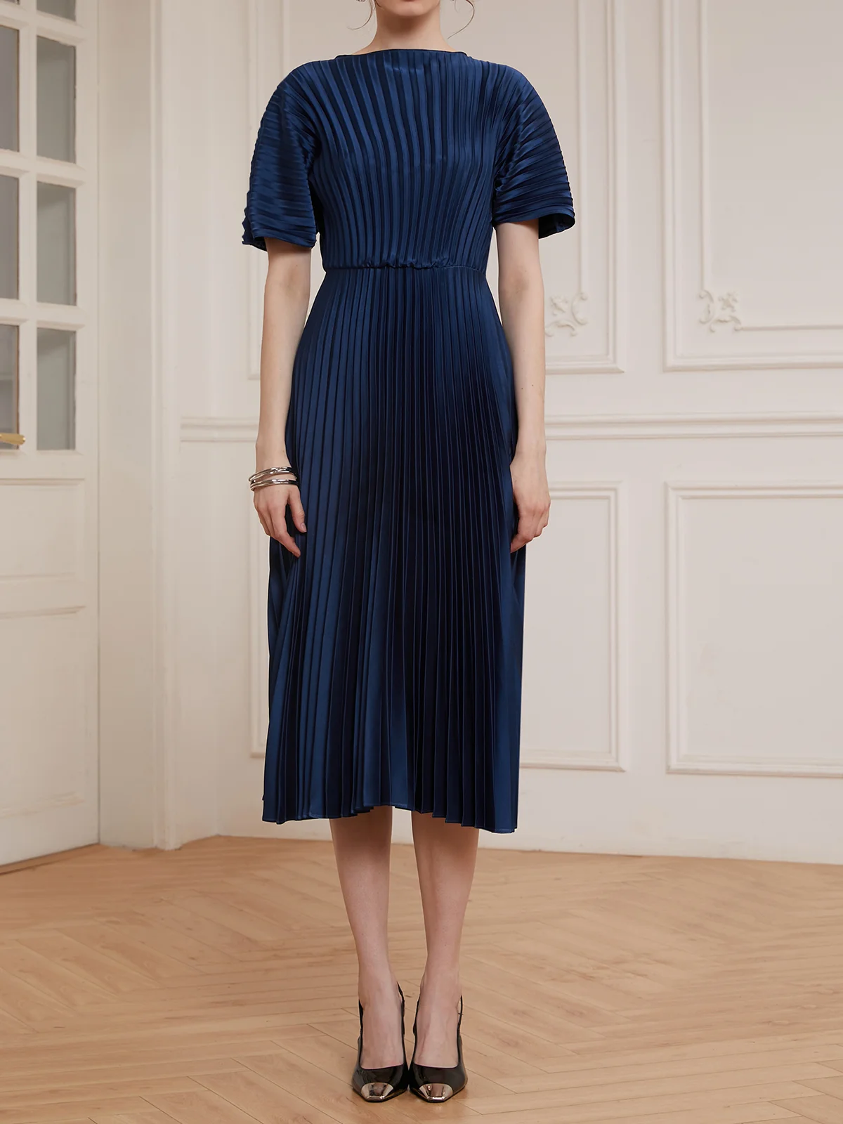 Dark Blue Satin Pleated Boat Neck A-Line Midi Dress