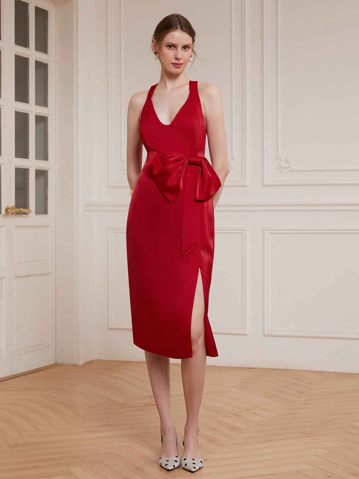 Red Bow V Neck Sleeveless A-Line Midi Dress