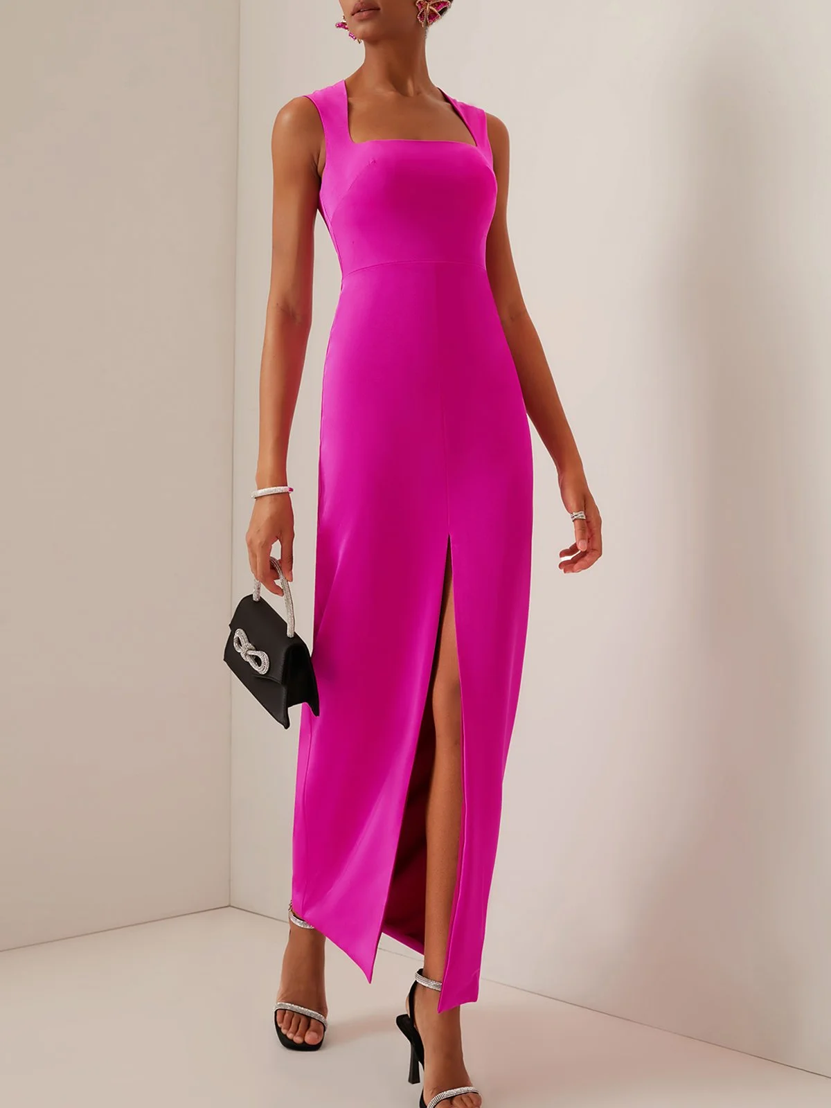 Rose Red Square Neck Sleeveless Slit Sheath Maxi Dress