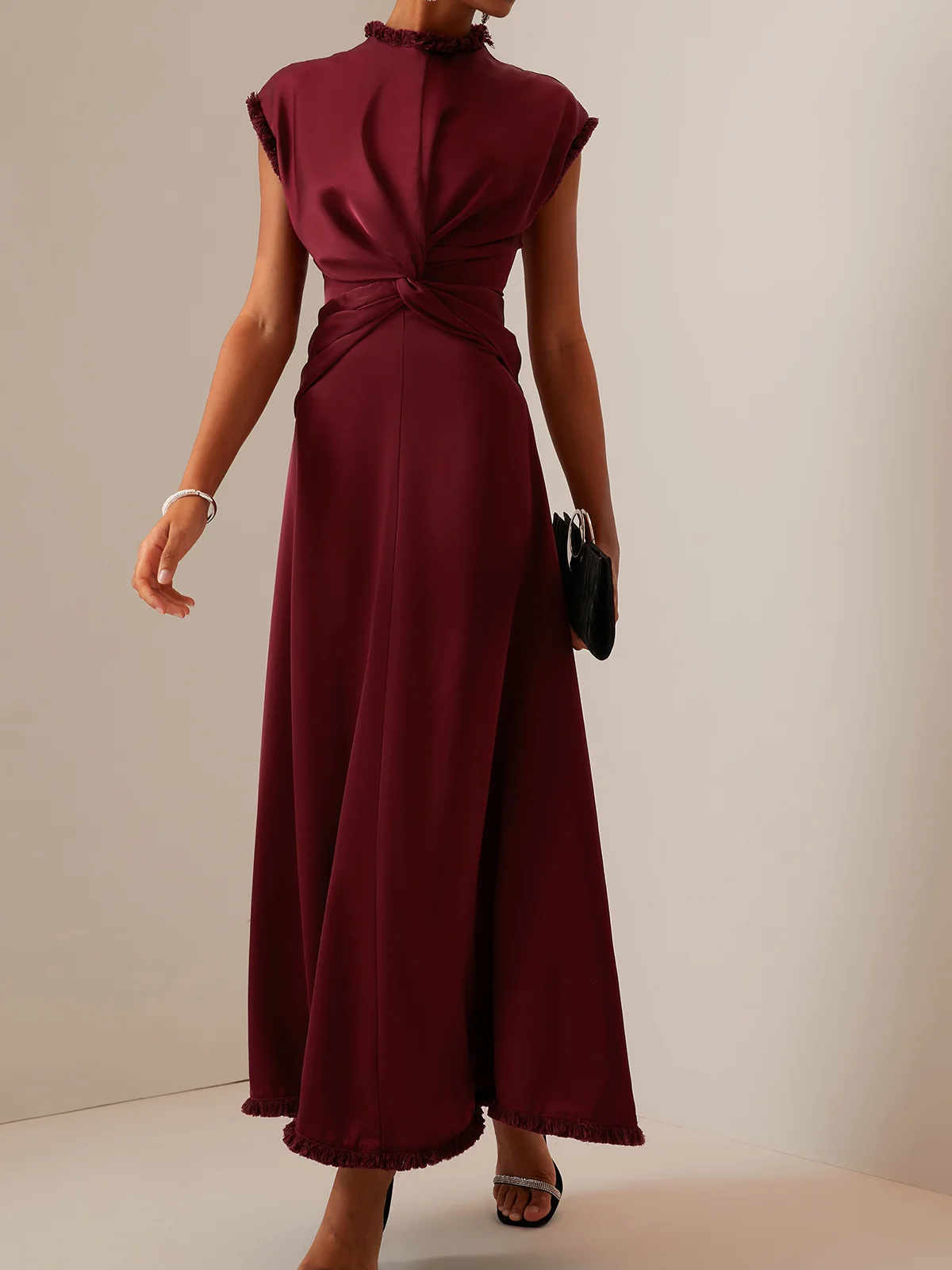 Brown Sleeveless Silk-Satin Maxi Dress