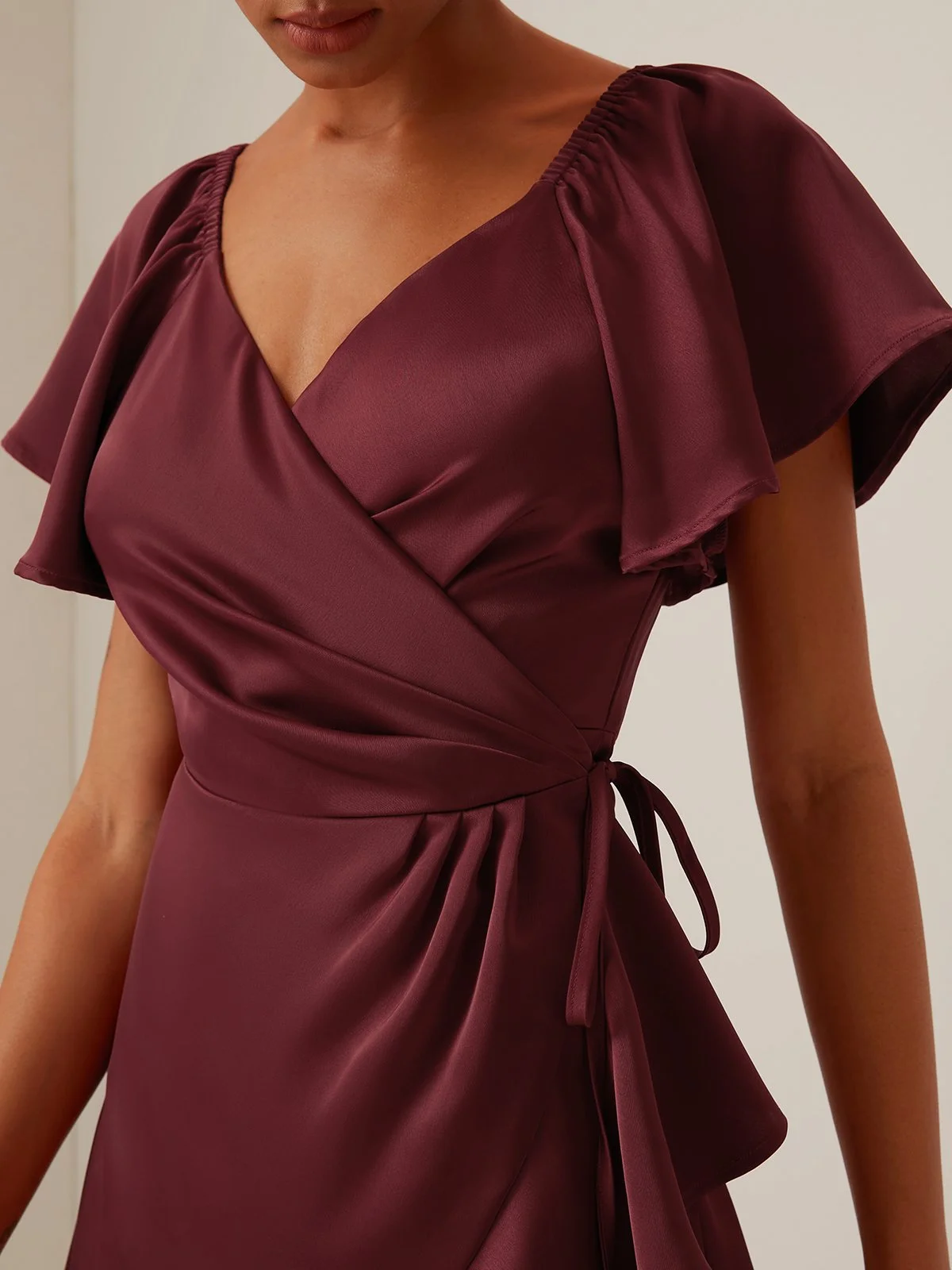 Wine Red Cross Neck Short Sleeve Knee-Length Dress