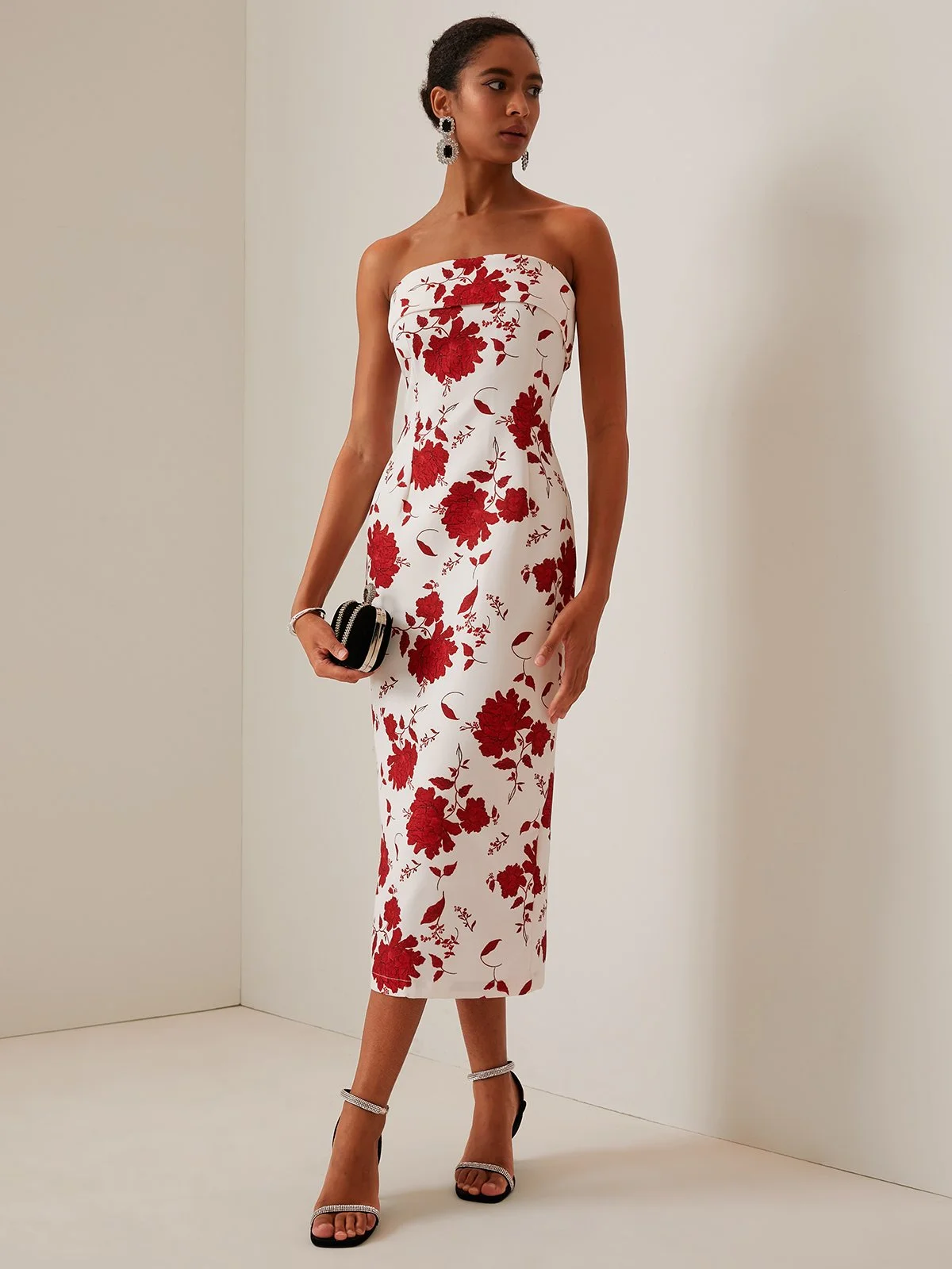 Red Floral Strapless Sheath Midi Dress