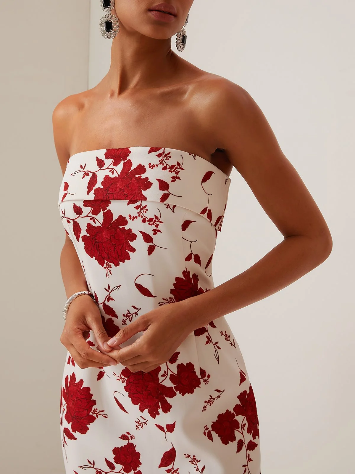 Red Floral Strapless Midi Dress