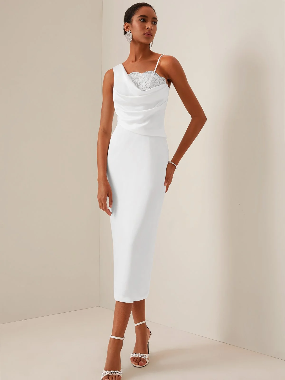 White Lace Ruched Sleeveless Sheath Midi Dress