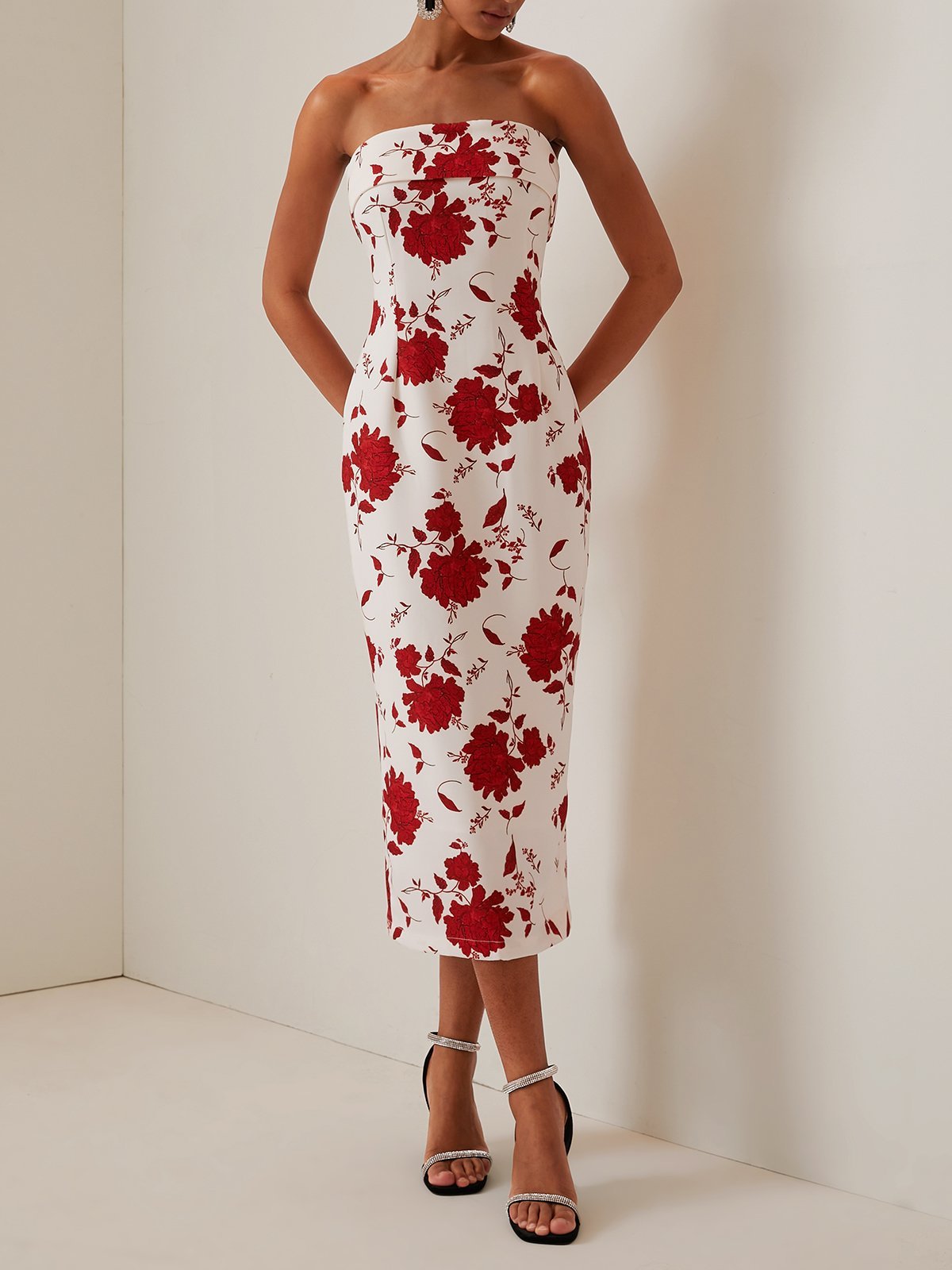 Red Floral Strapless Sheath Midi Dress