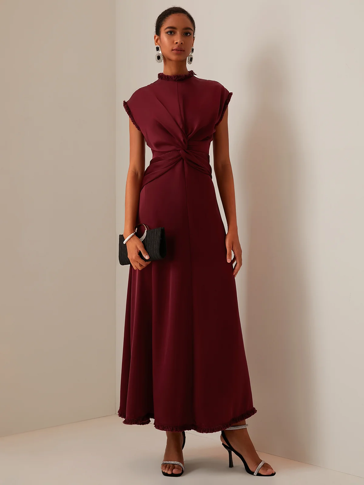 Brown Sleeveless Silk-Satin Maxi Dress