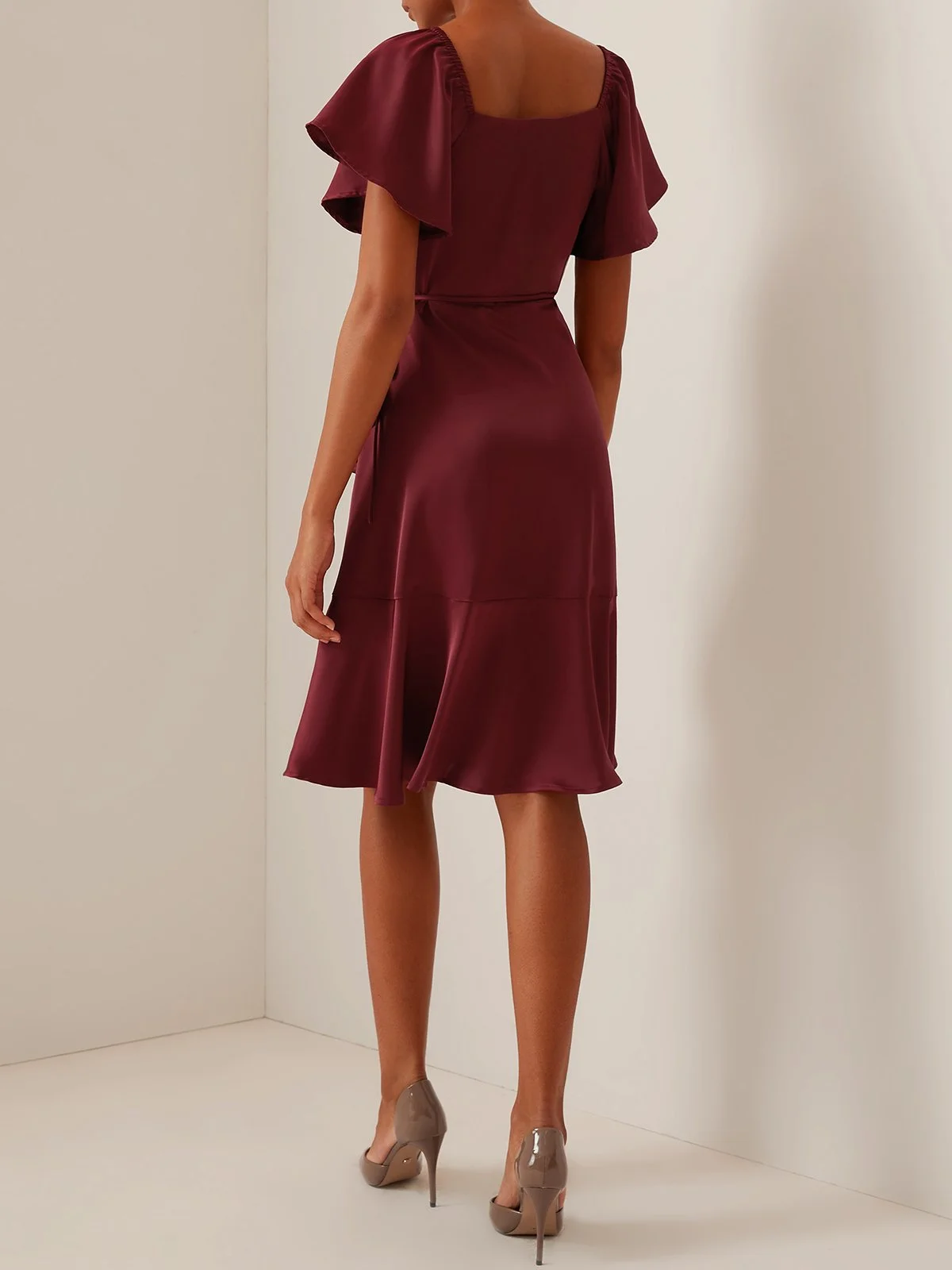 Wine Red Cross Neck Short Sleeve Knee-Length Dress