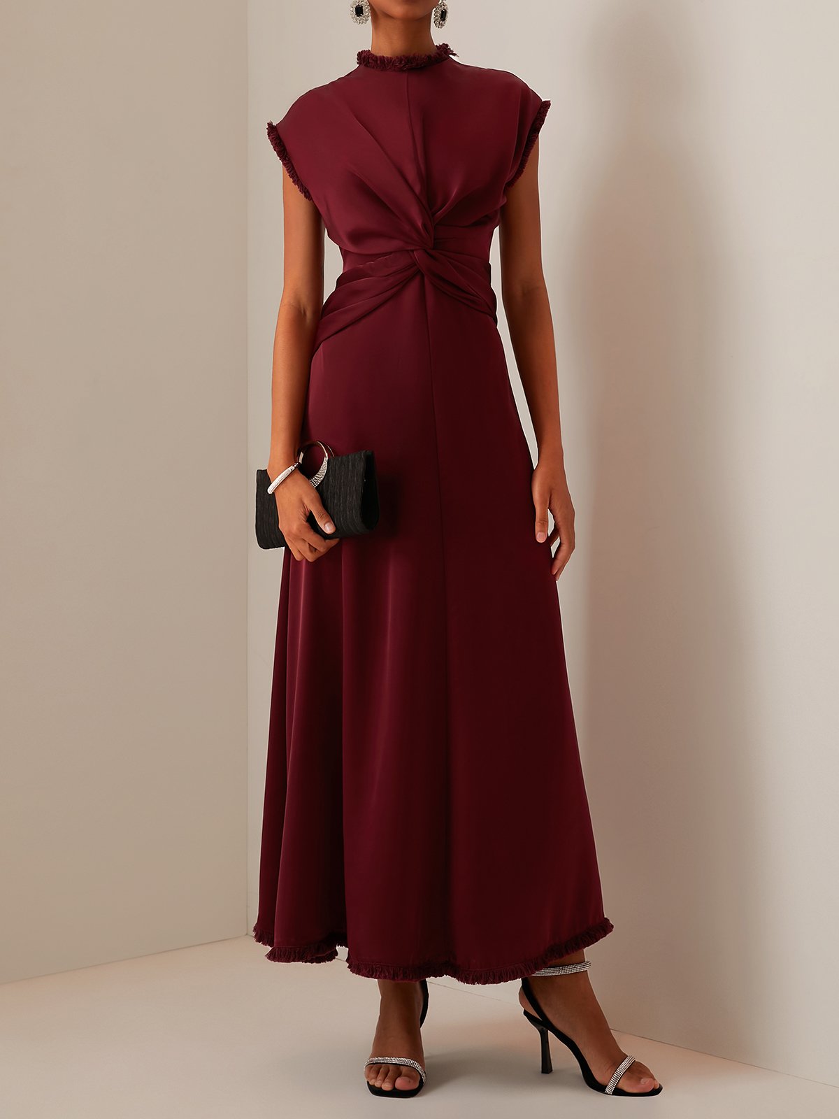 Brown Sleeveless Silk-Satin Maxi Dress