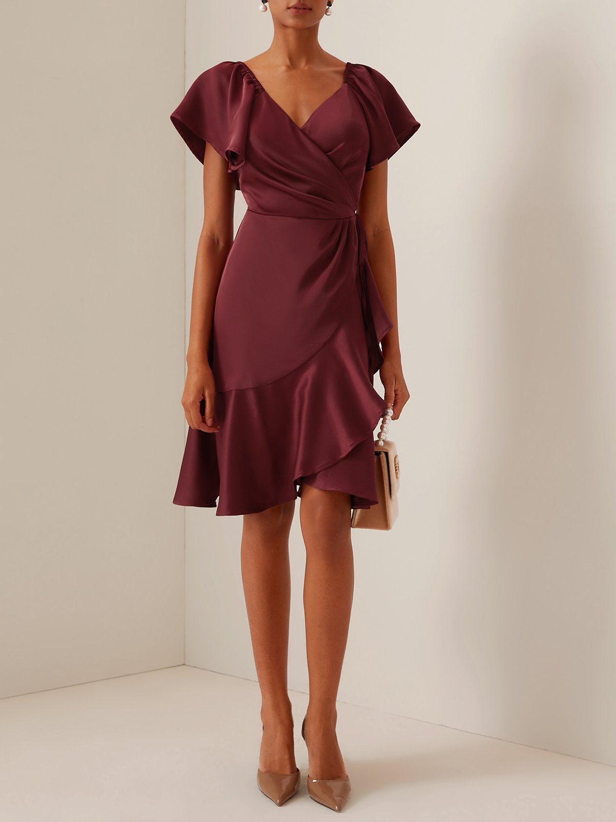 Wine Red Cross Neck Short Sleeve Knee-Length Dress