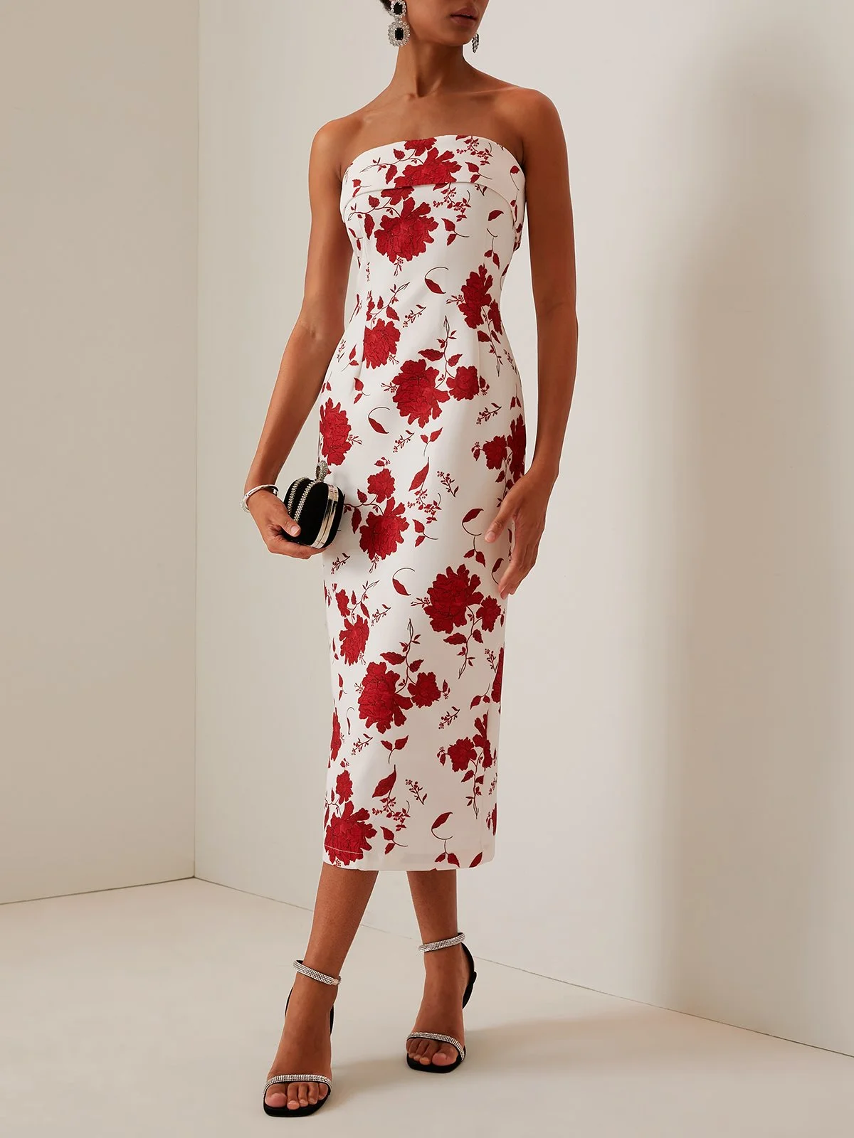 Red Floral Strapless Midi Dress