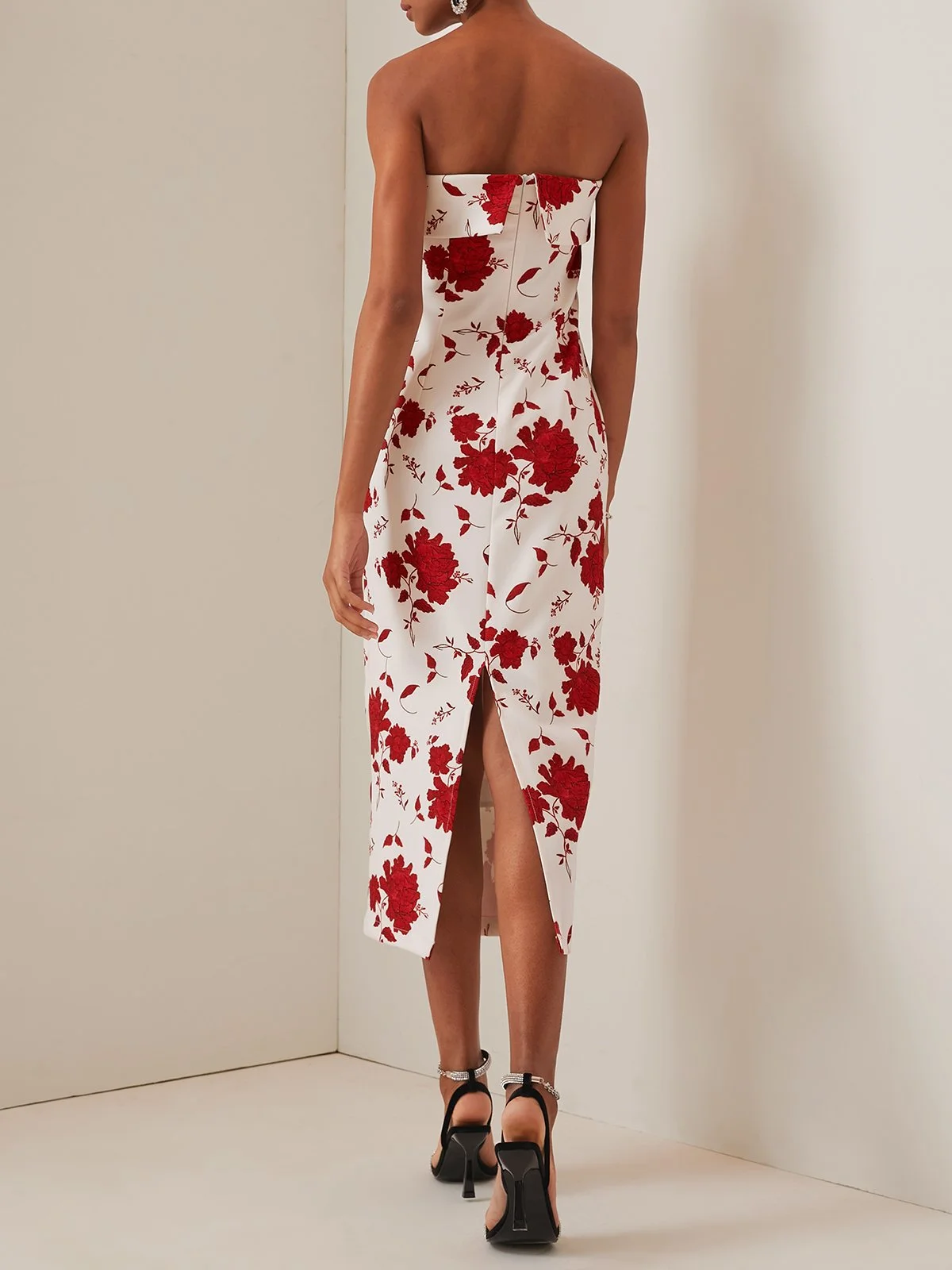 Red Floral Strapless Midi Dress