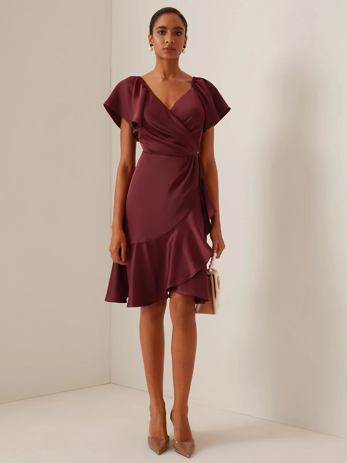 Wine Red Cross Neck Short Sleeve Knee-Length Dress