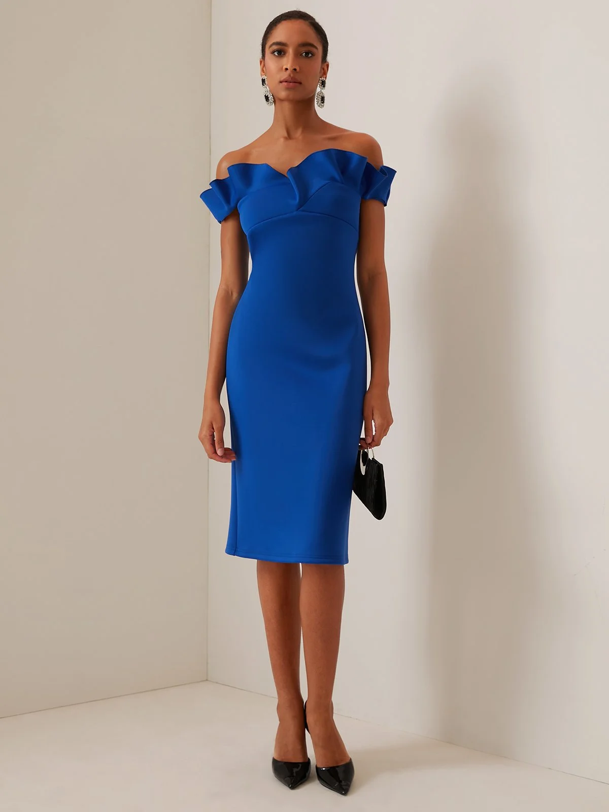 Blue Ruffled Off The Shoulder Sleeveless Midi Sheath Dress