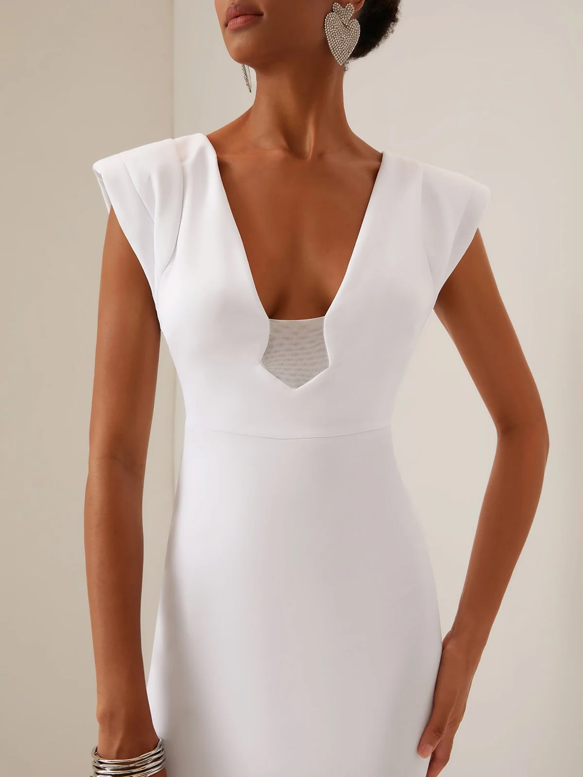 White V Neck Sleeveless Sheath Midi Dress With Tie Back