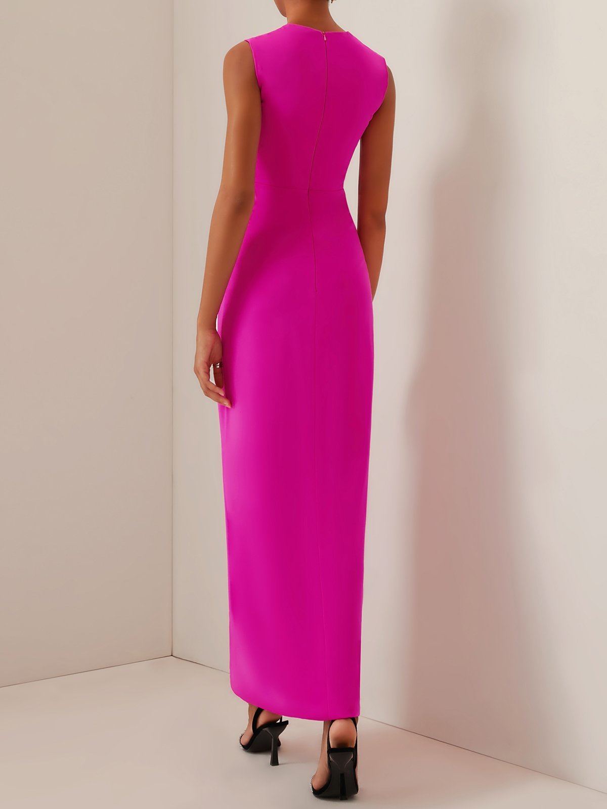 Rose Red Square Neck Sleeveless Slit Sheath Maxi Dress