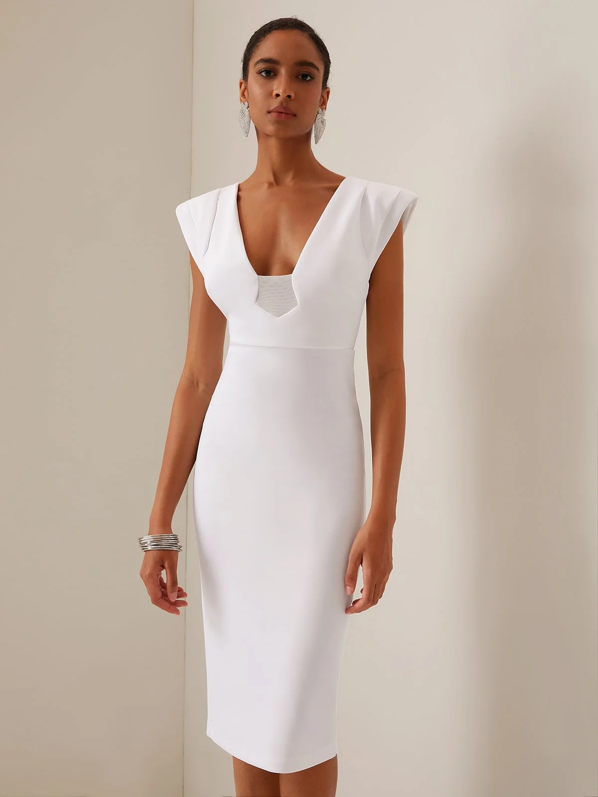 White V Neck Sleeveless Sheath Midi Dress With Tie Back