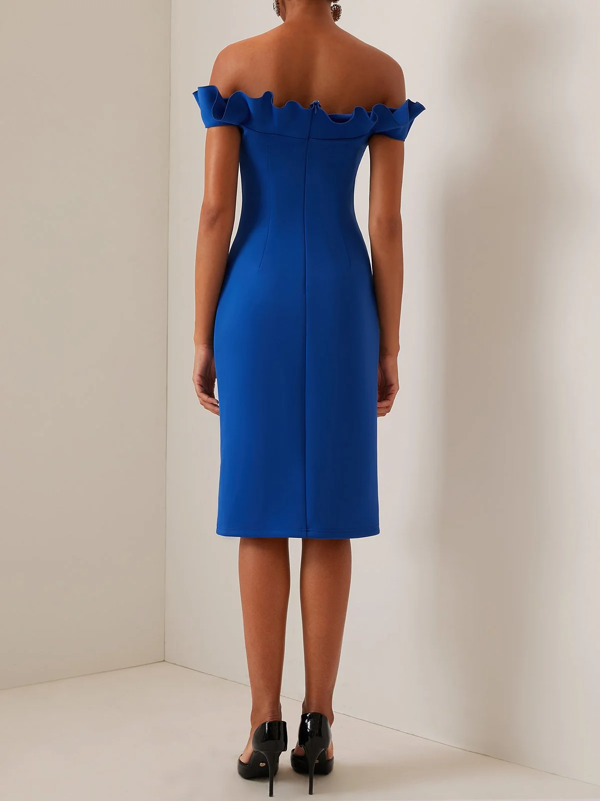 Blue Ruffled Off The Shoulder Sleeveless Midi Sheath Dress