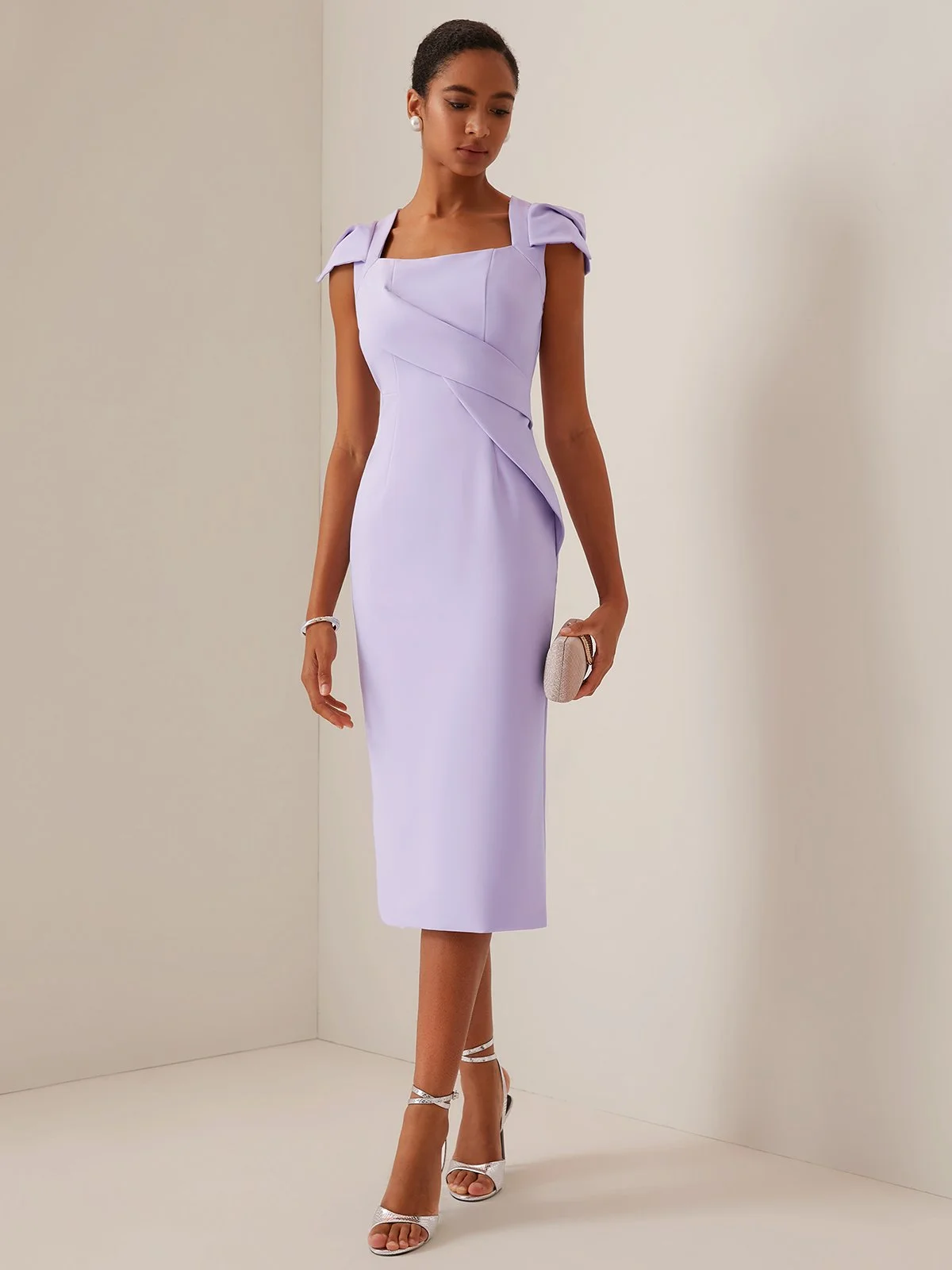 Purple Square Neck Cap Sleeve Sheath Midi Dress