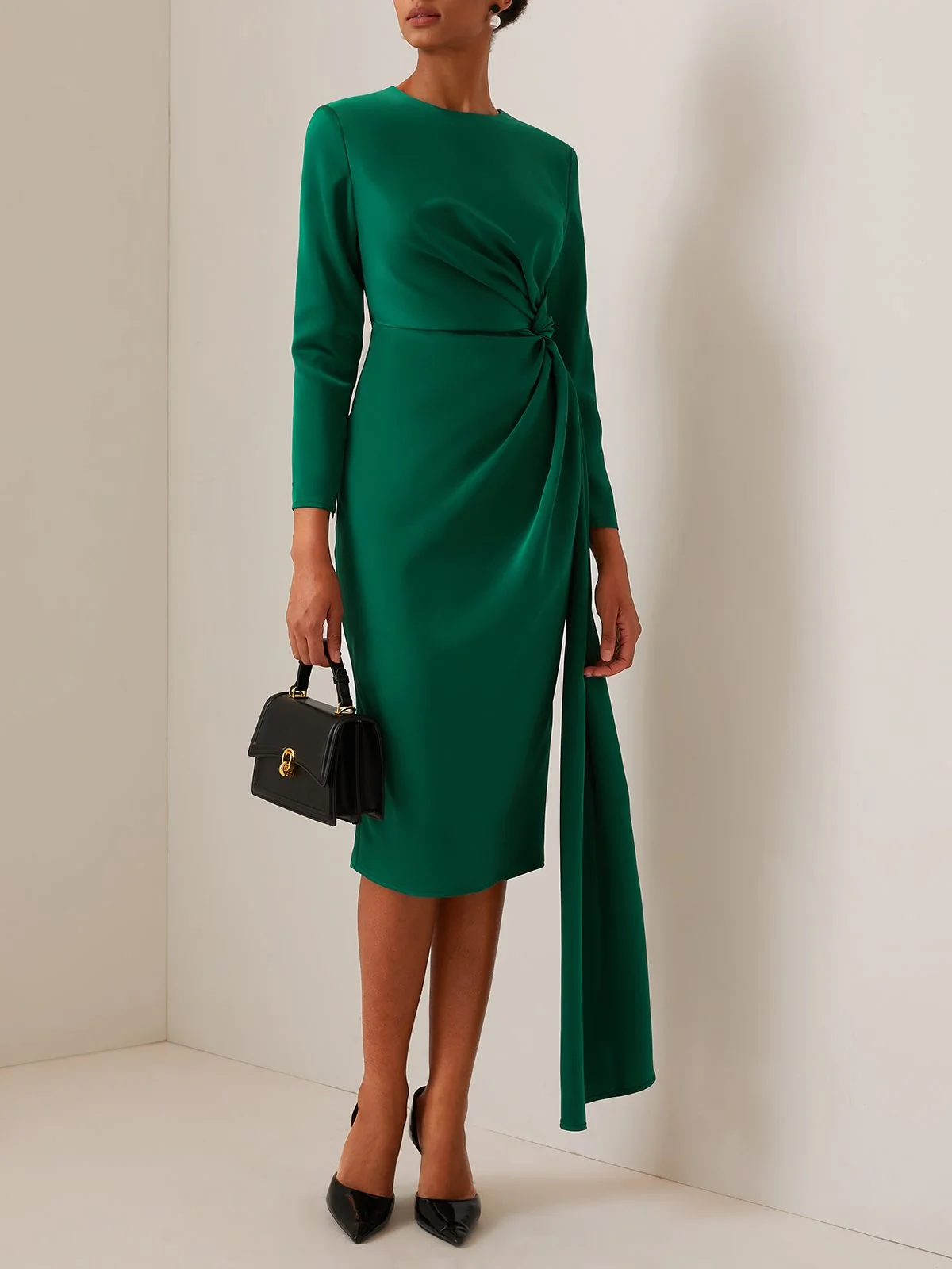 Green Satin Long Sleeve Midi Dress