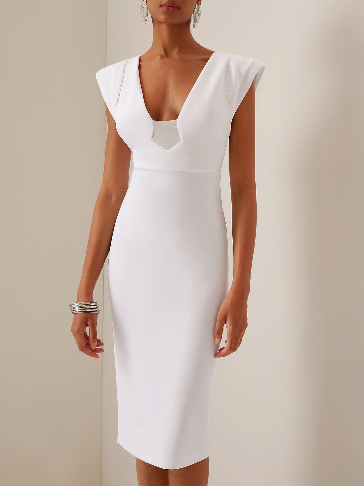 White V Neck Sleeveless Sheath Midi Dress With Tie Back