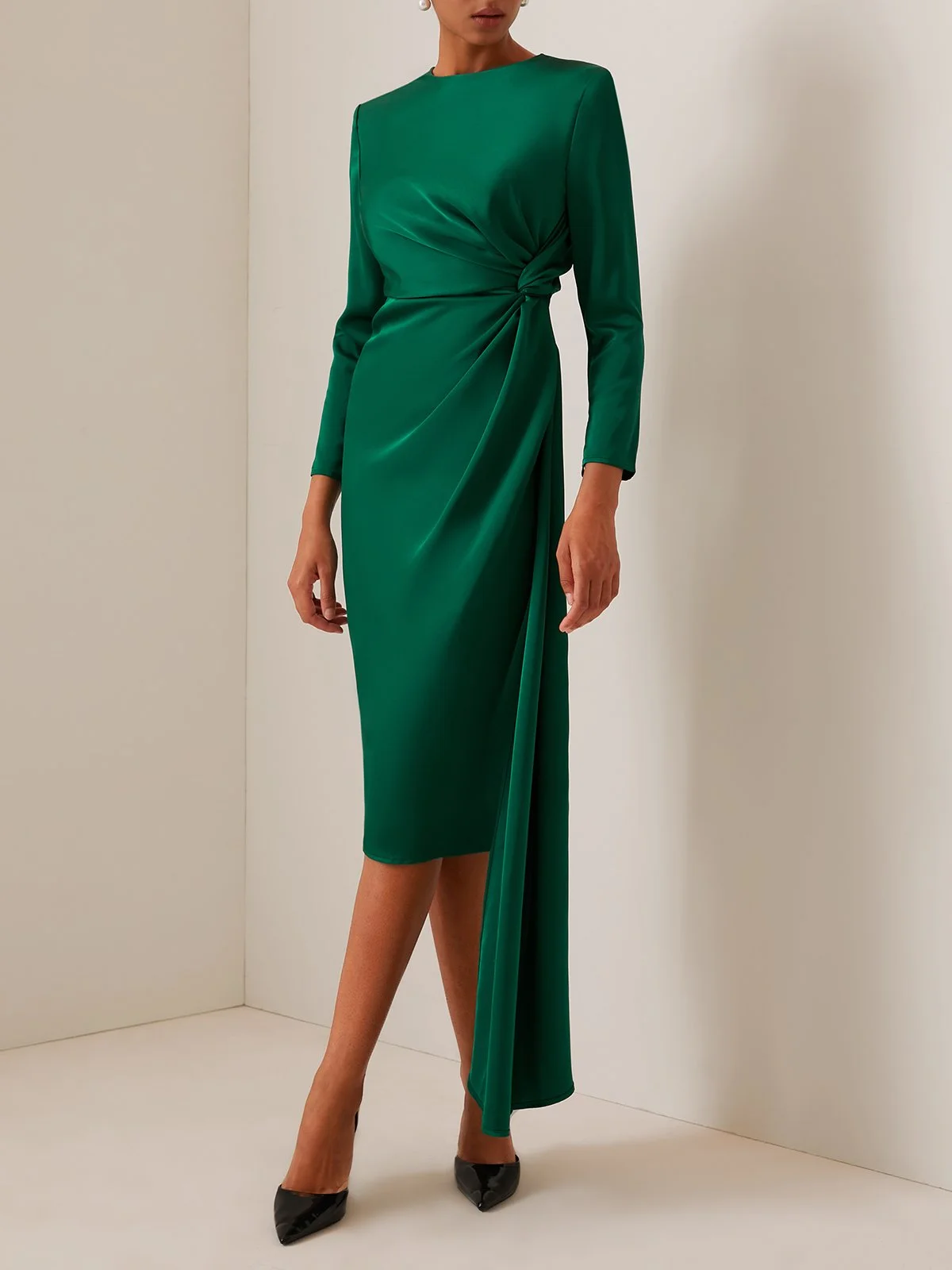 Green Satin Long Sleeve Midi Dress