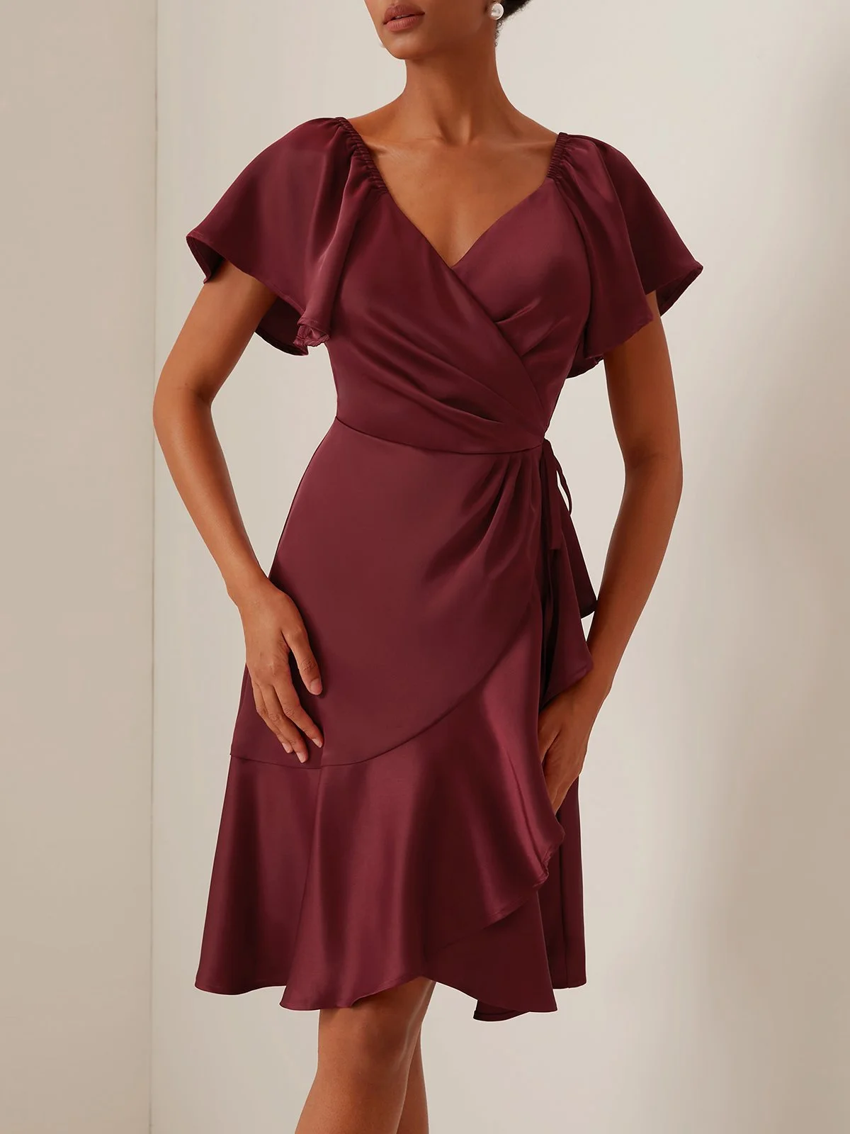 Wine Red Cross Neck Short Sleeve Knee-Length Dress