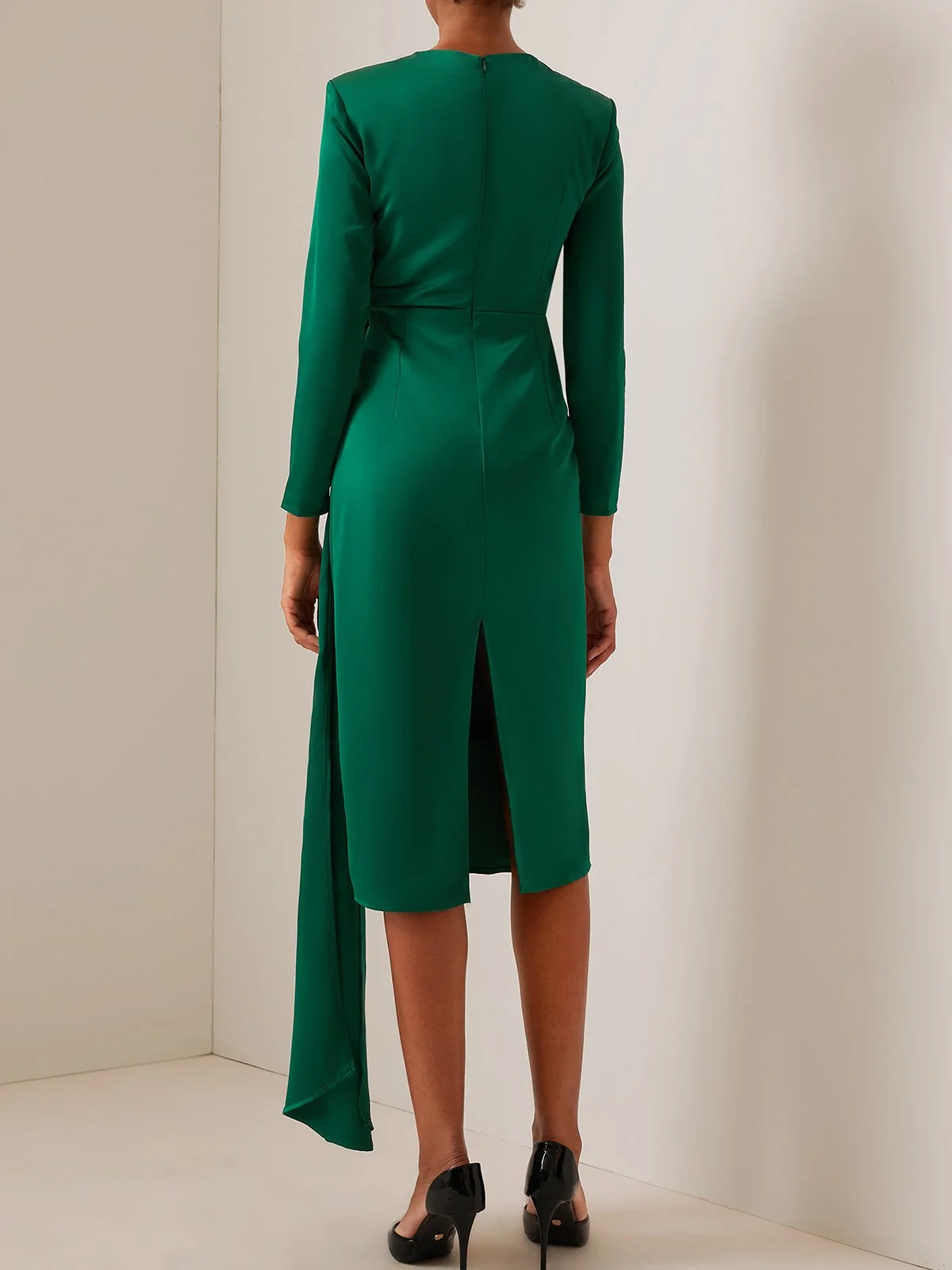 Green Satin Long Sleeve Midi Dress