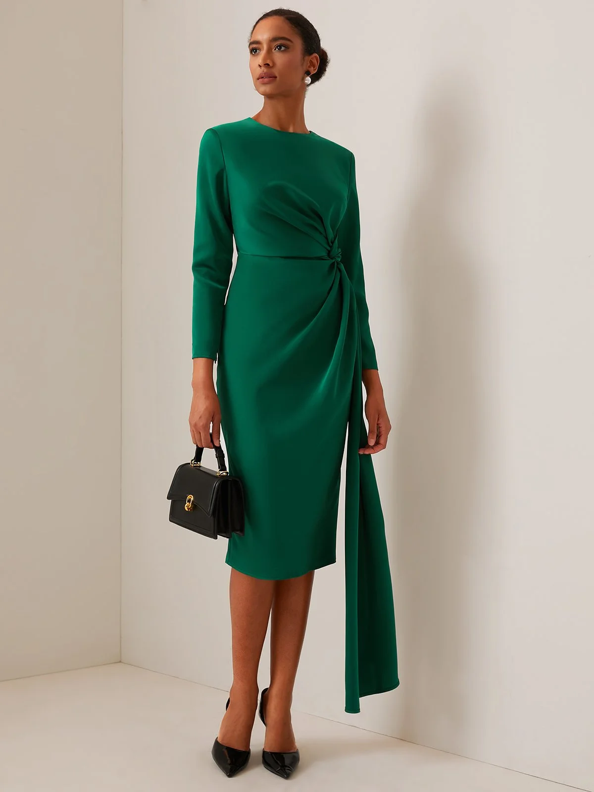 Green Satin Long Sleeve Midi Dress