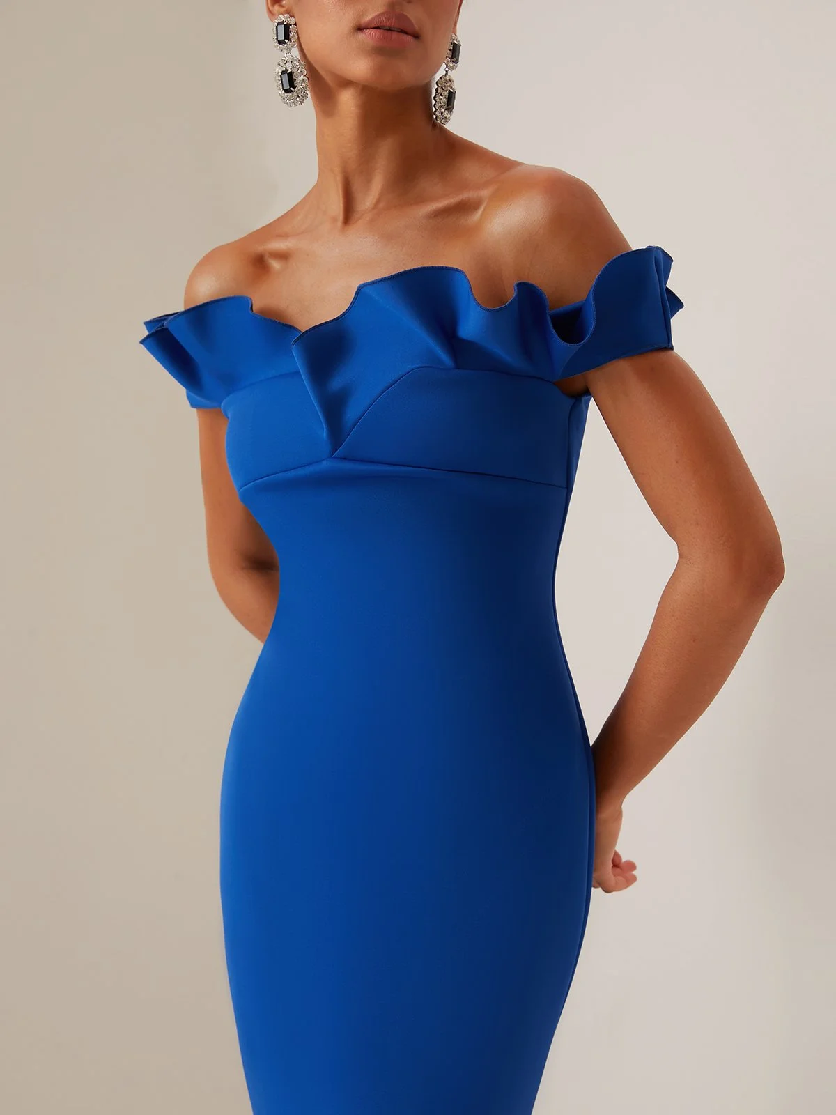 Blue Ruffled Off The Shoulder Sleeveless Midi Sheath Dress