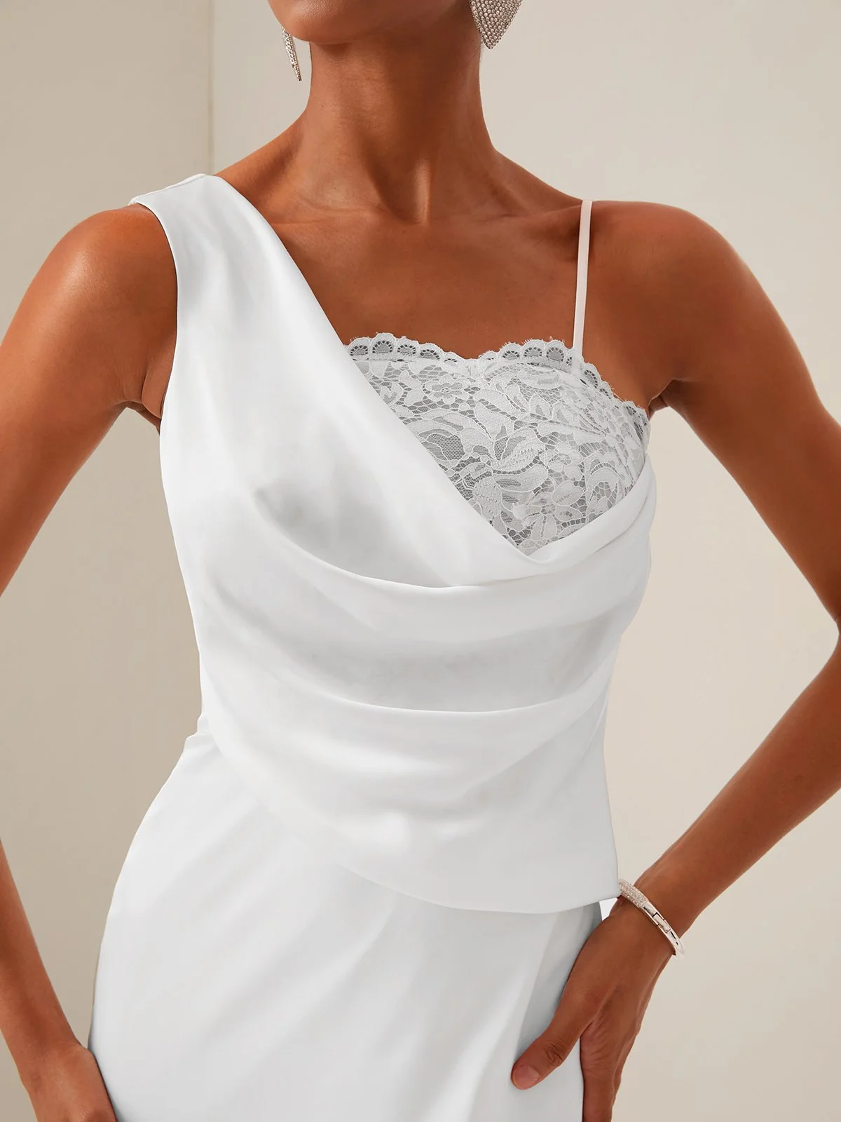 White Lace Ruched Sleeveless Sheath Midi Dress