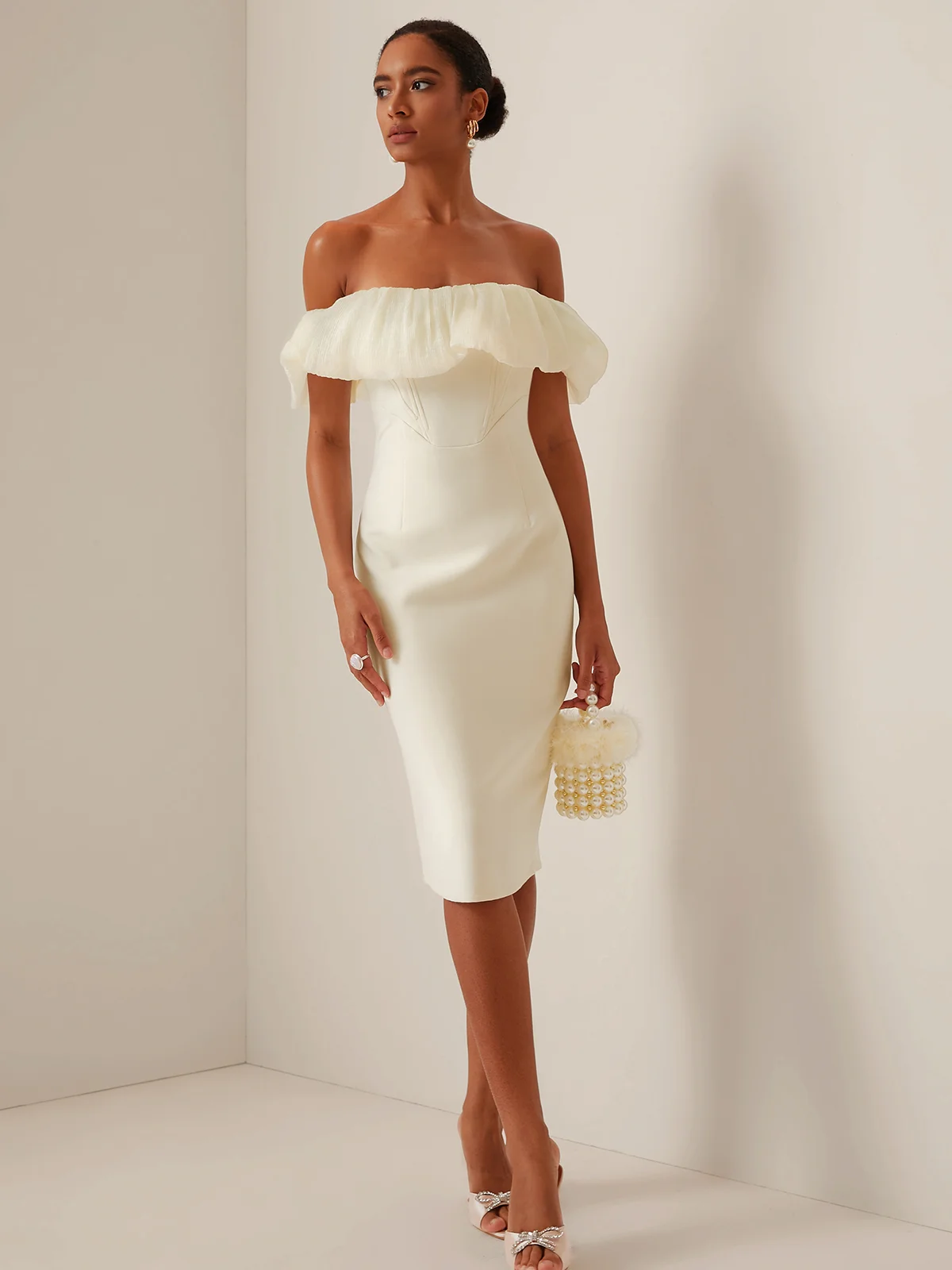 Off White Off The Shoulder Sheath Midi Dress