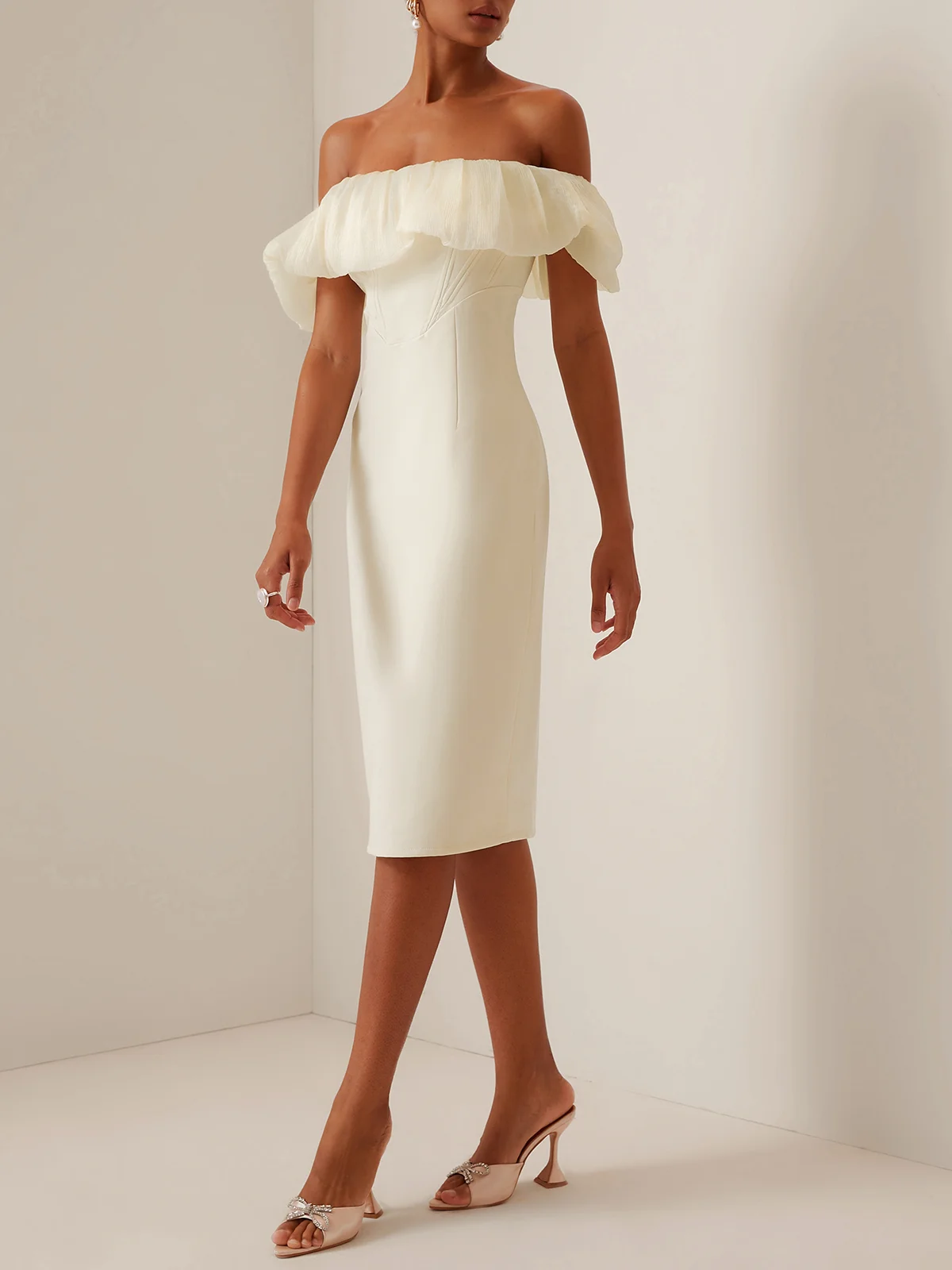 Off White Off The Shoulder Sheath Midi Dress