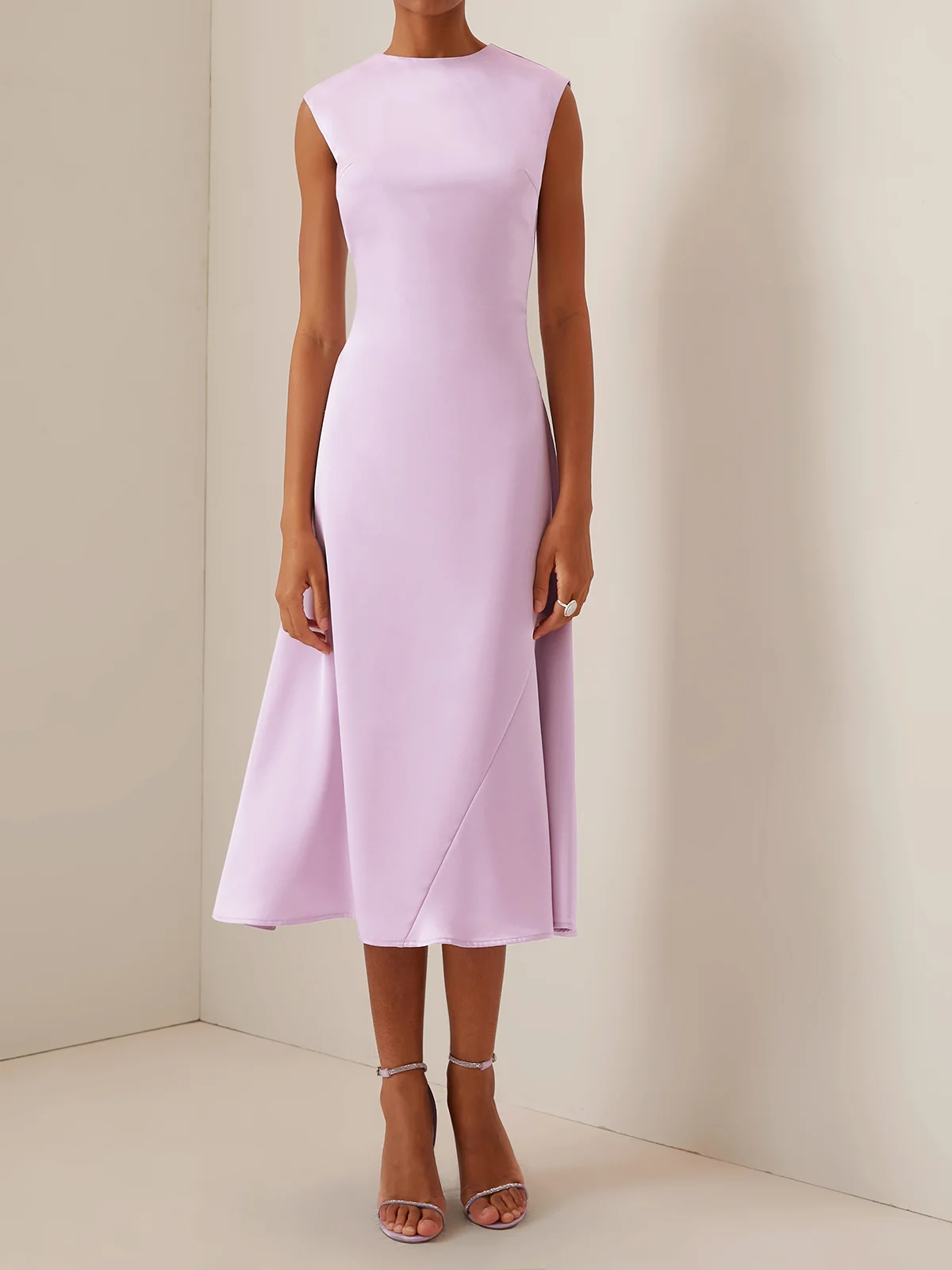 Purple Urban Silk Satin Crew Neck Dress Midi Dress