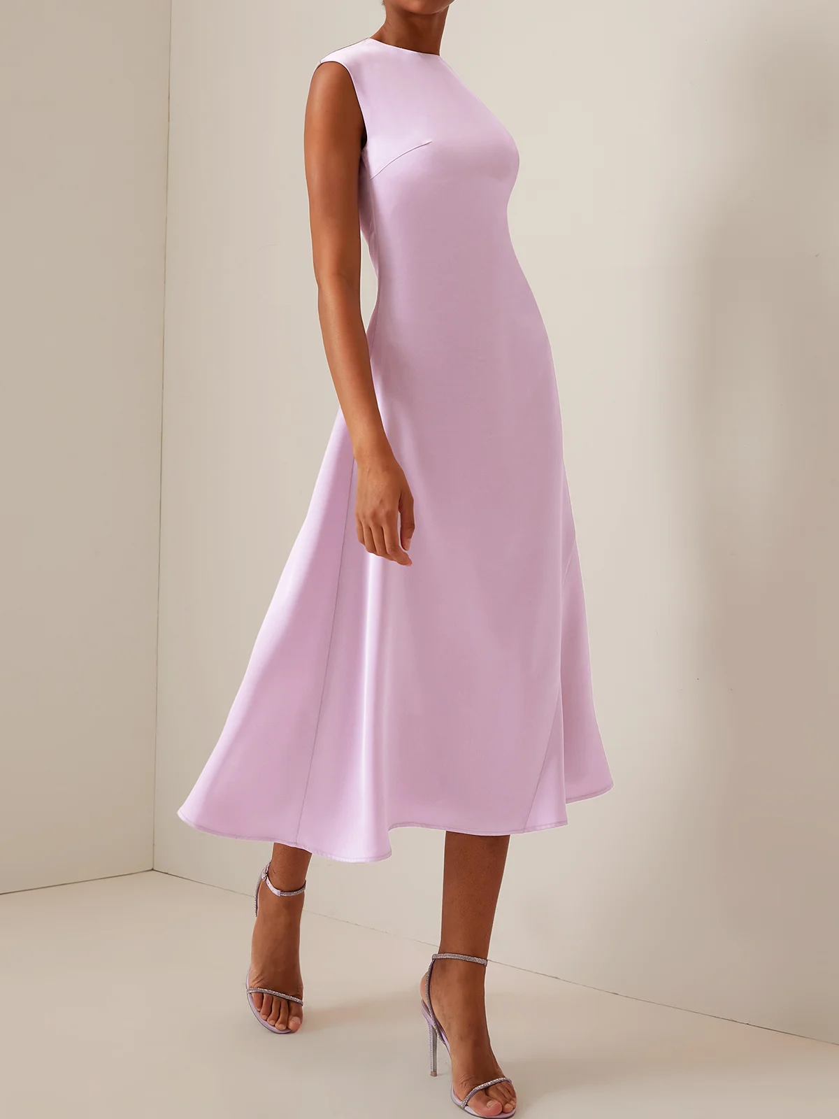 Purple Urban Silk Satin Crew Neck Dress Midi Dress