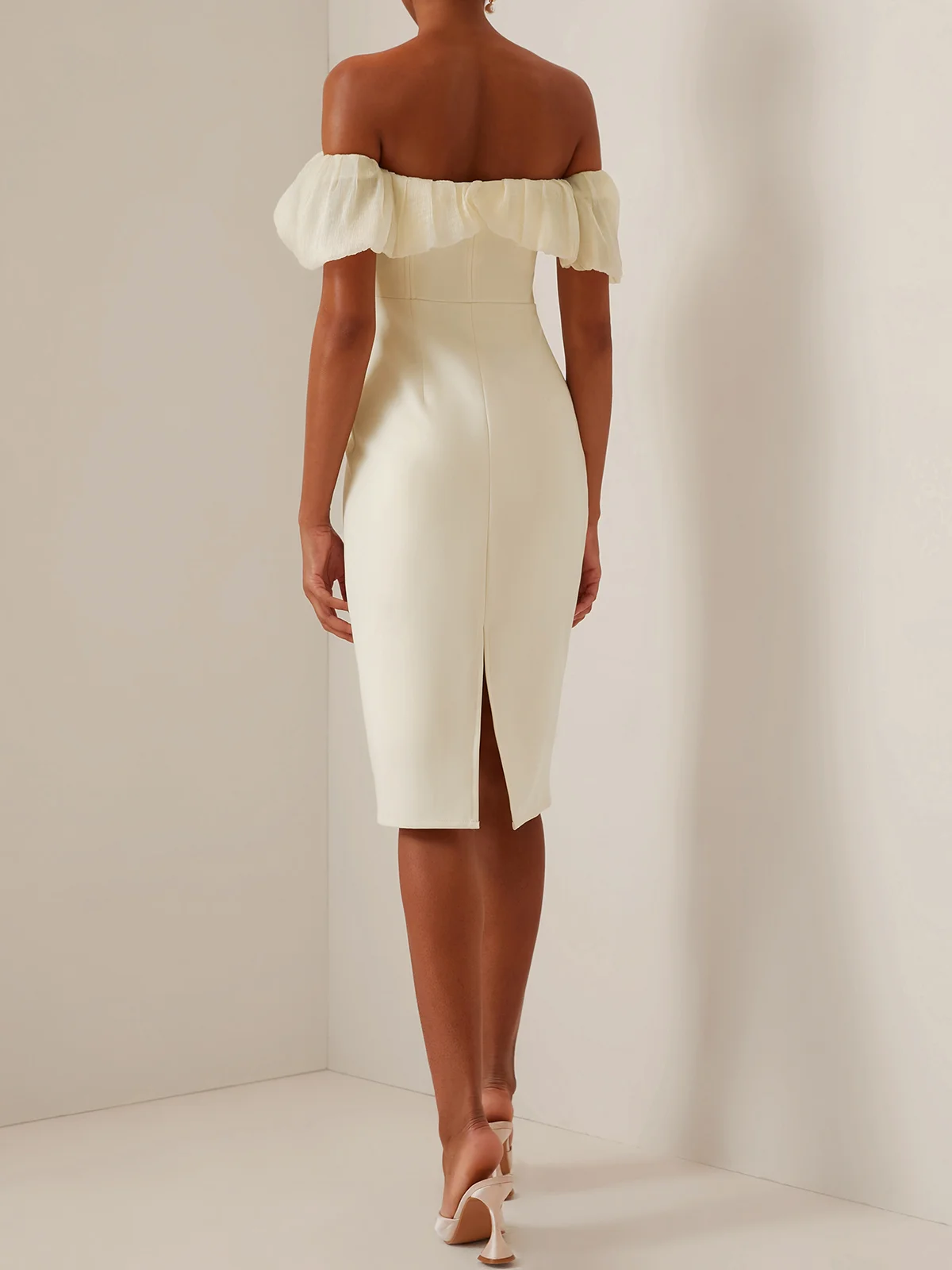 Off White Off The Shoulder Sheath Midi Dress