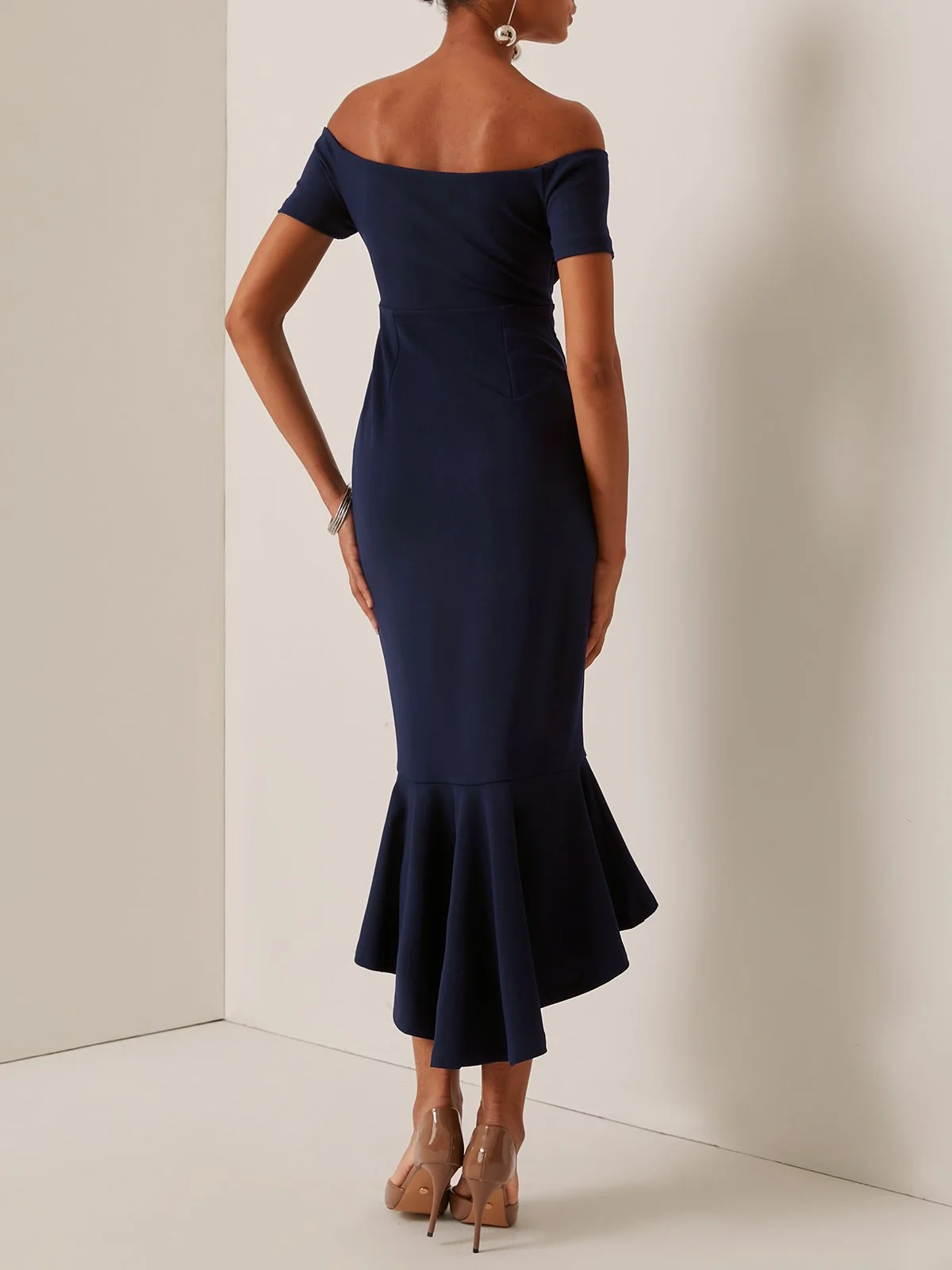 Dark Blue Off The Shoulder Mermaid Midi Dress