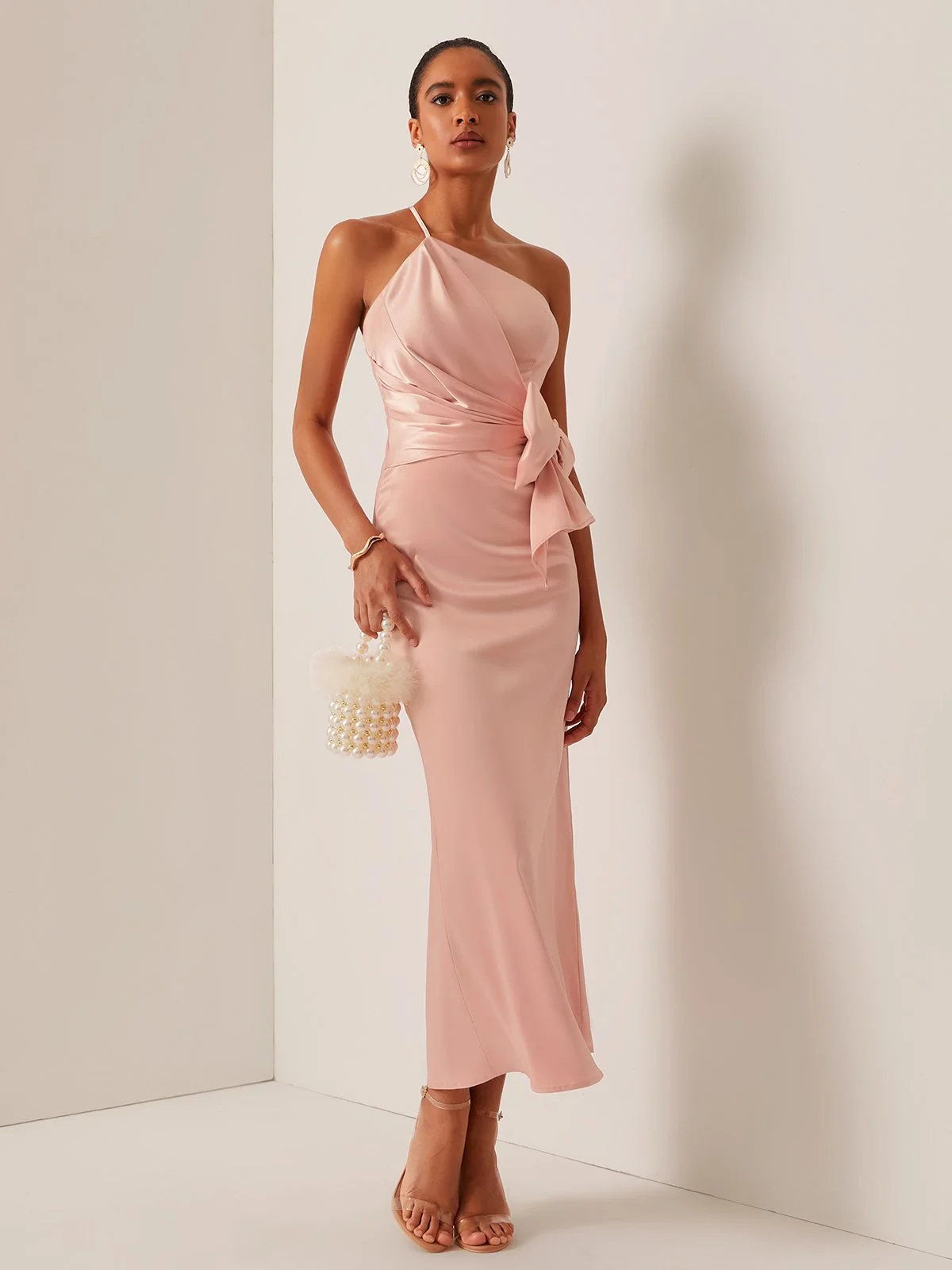 Pink Bow One-Shoulder Satin Sheath Maxi Dress 