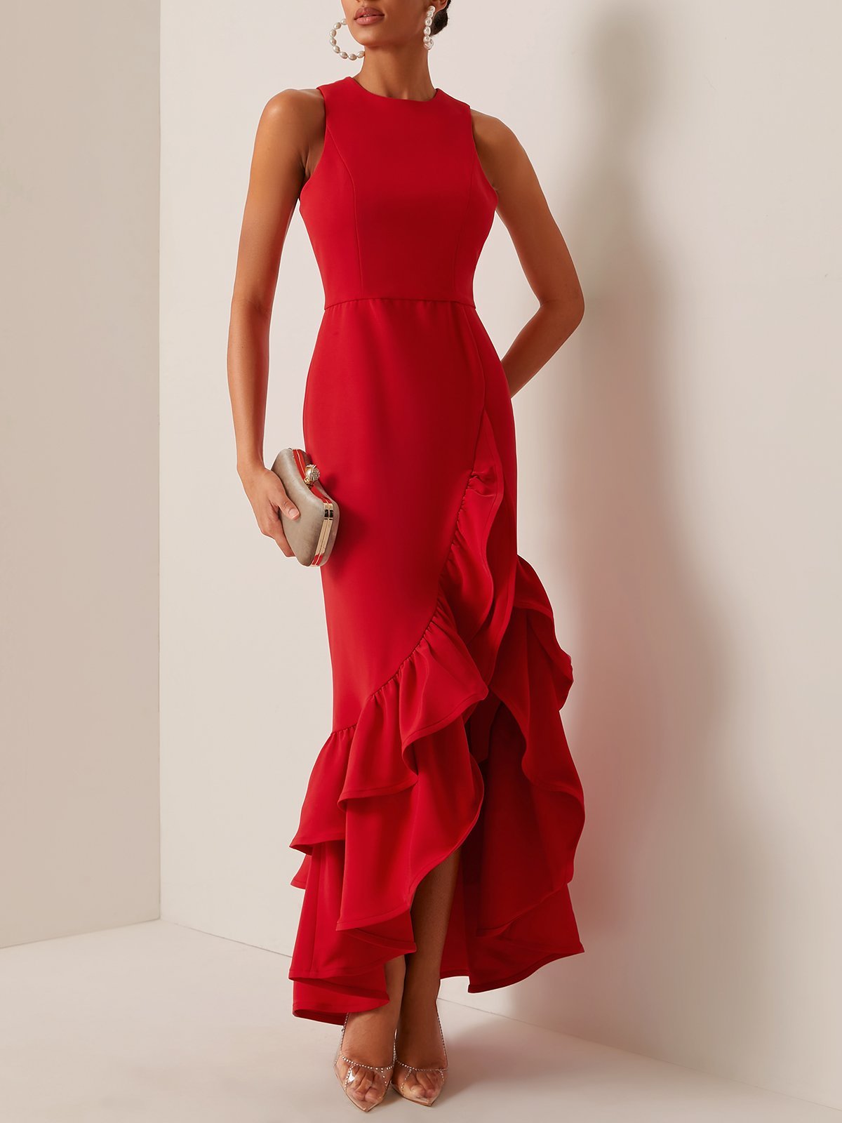 Red Ruffled Sleeveless Slit A-Line Gown