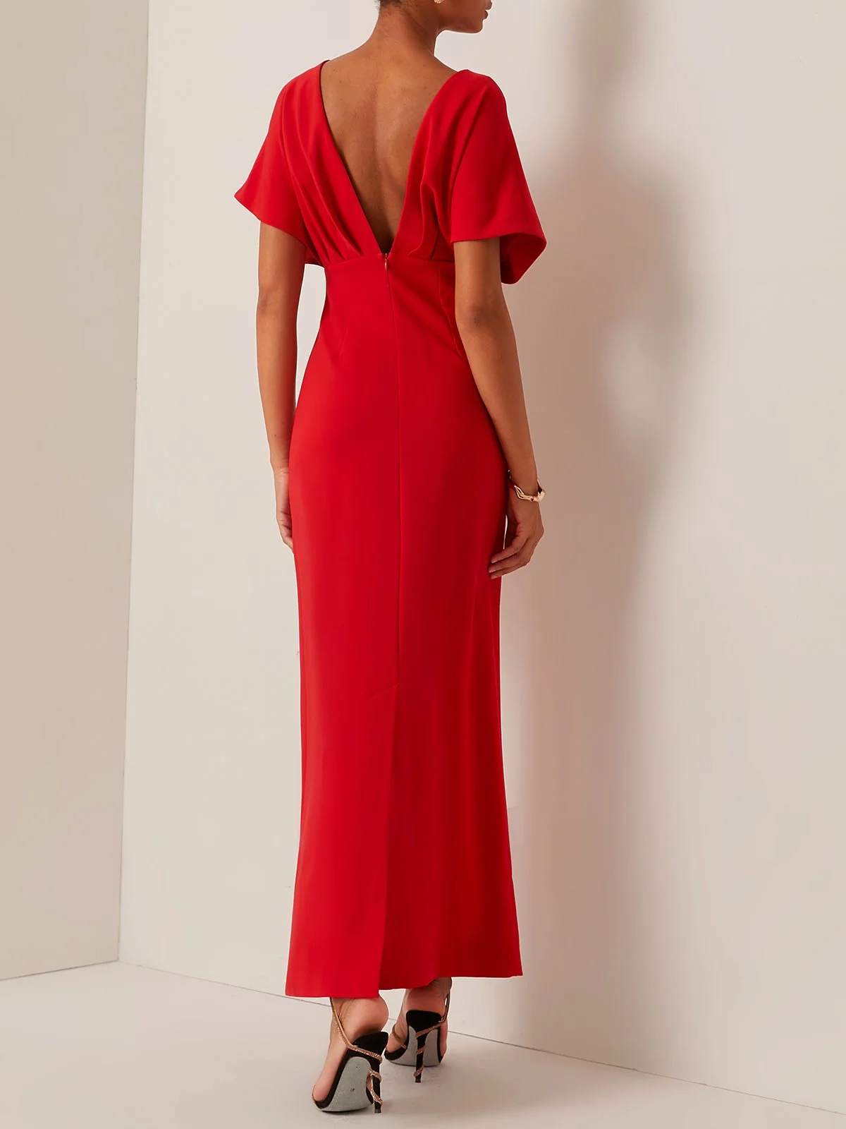 Red Applique Boat Neck Short Sleeve Backless Sheath Maxi Dress