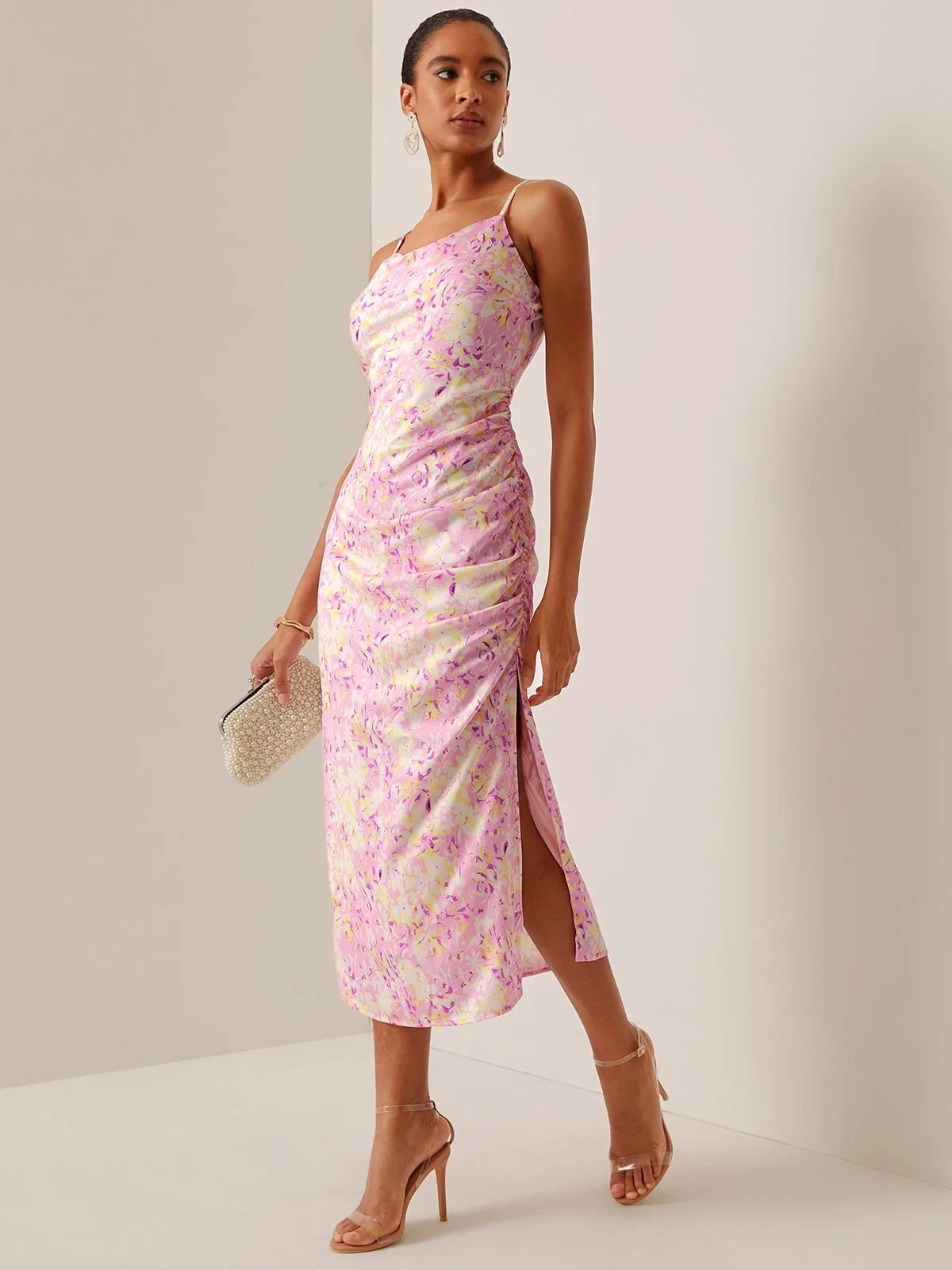 Pink Floral Spaghetti Slit Sheath Midi Dress