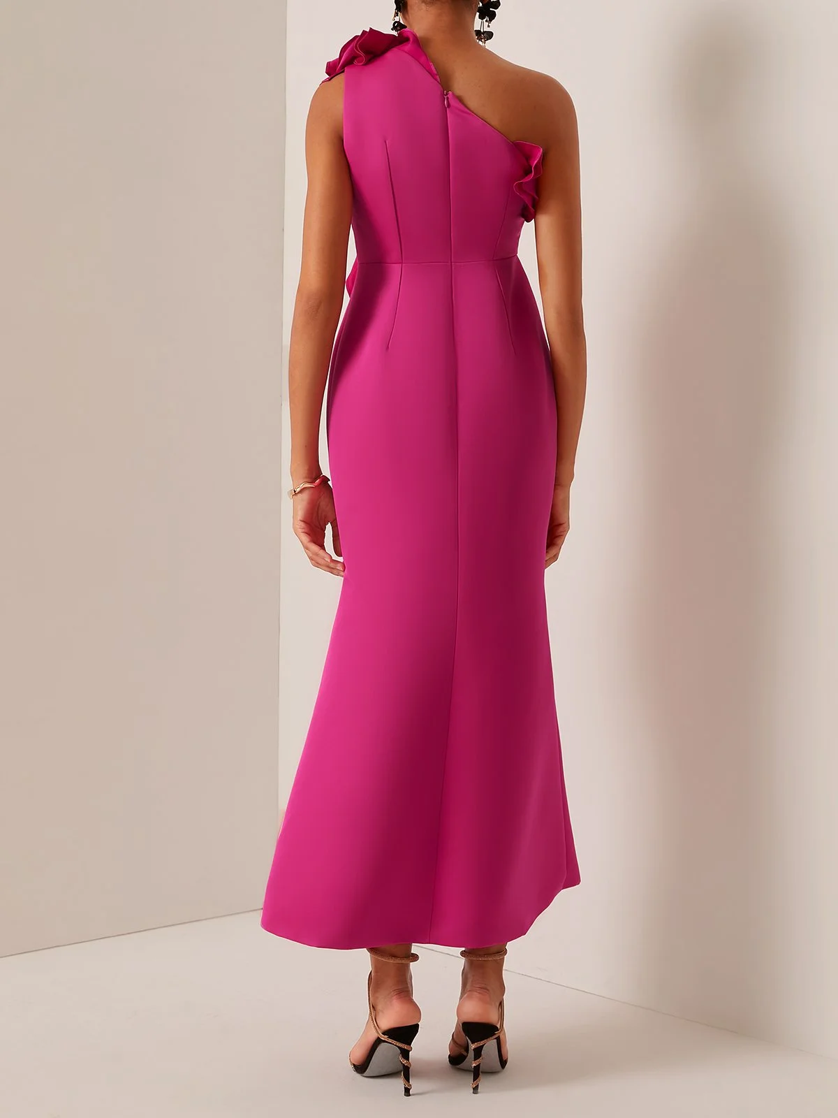 Rose Red One-Shoulder Flouncing Maxi Dress