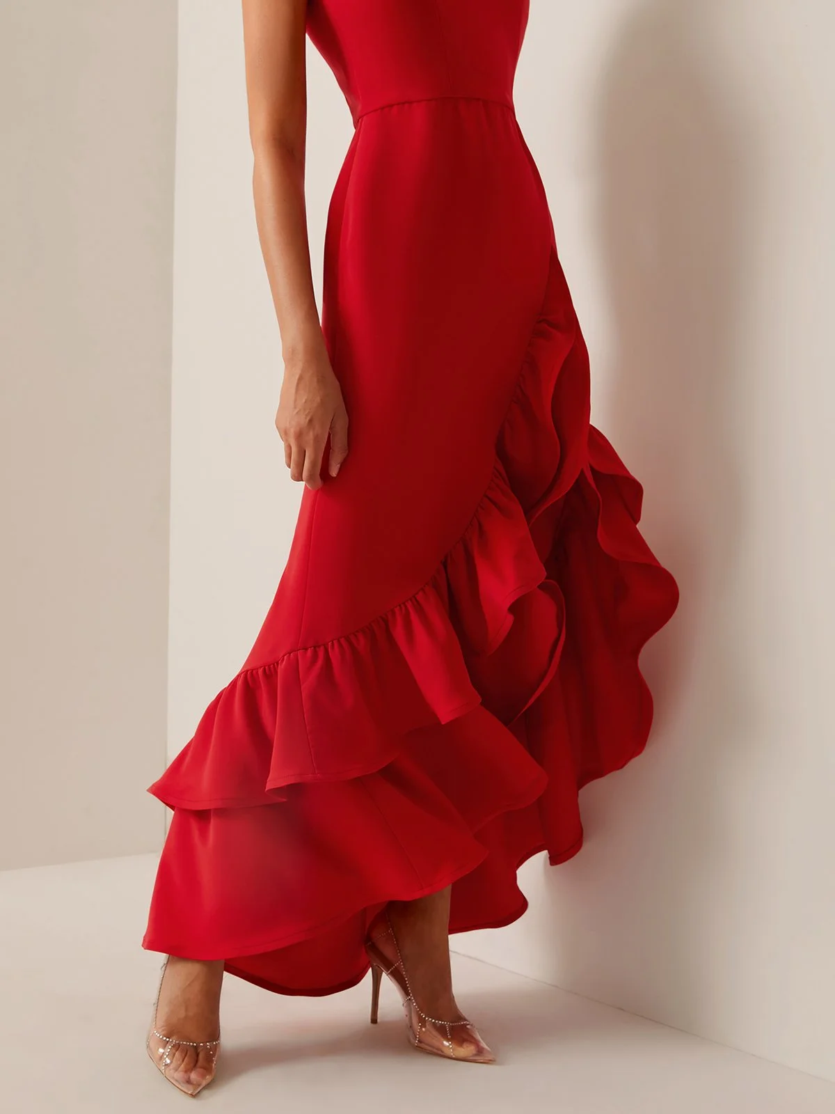 Red Ruffled Sleeveless Slit A-Line Gown