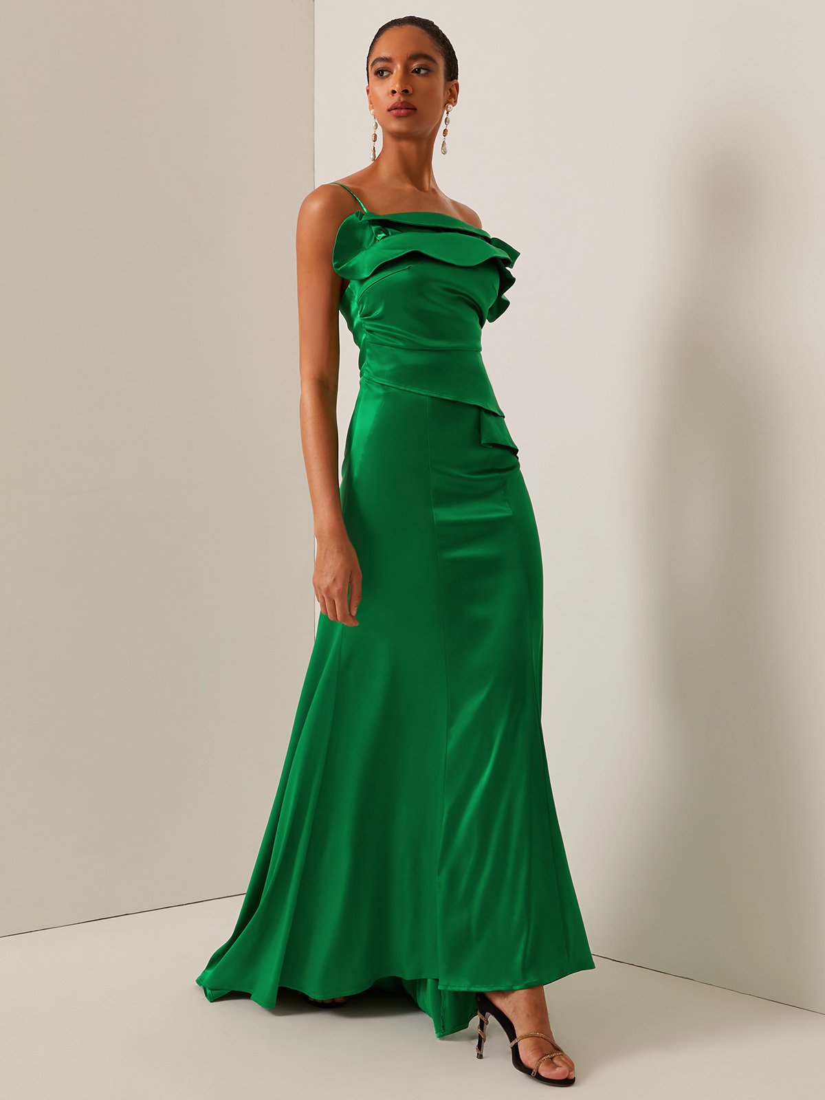 Green Ruched One Shoulder Sleeveless A-Line Gown