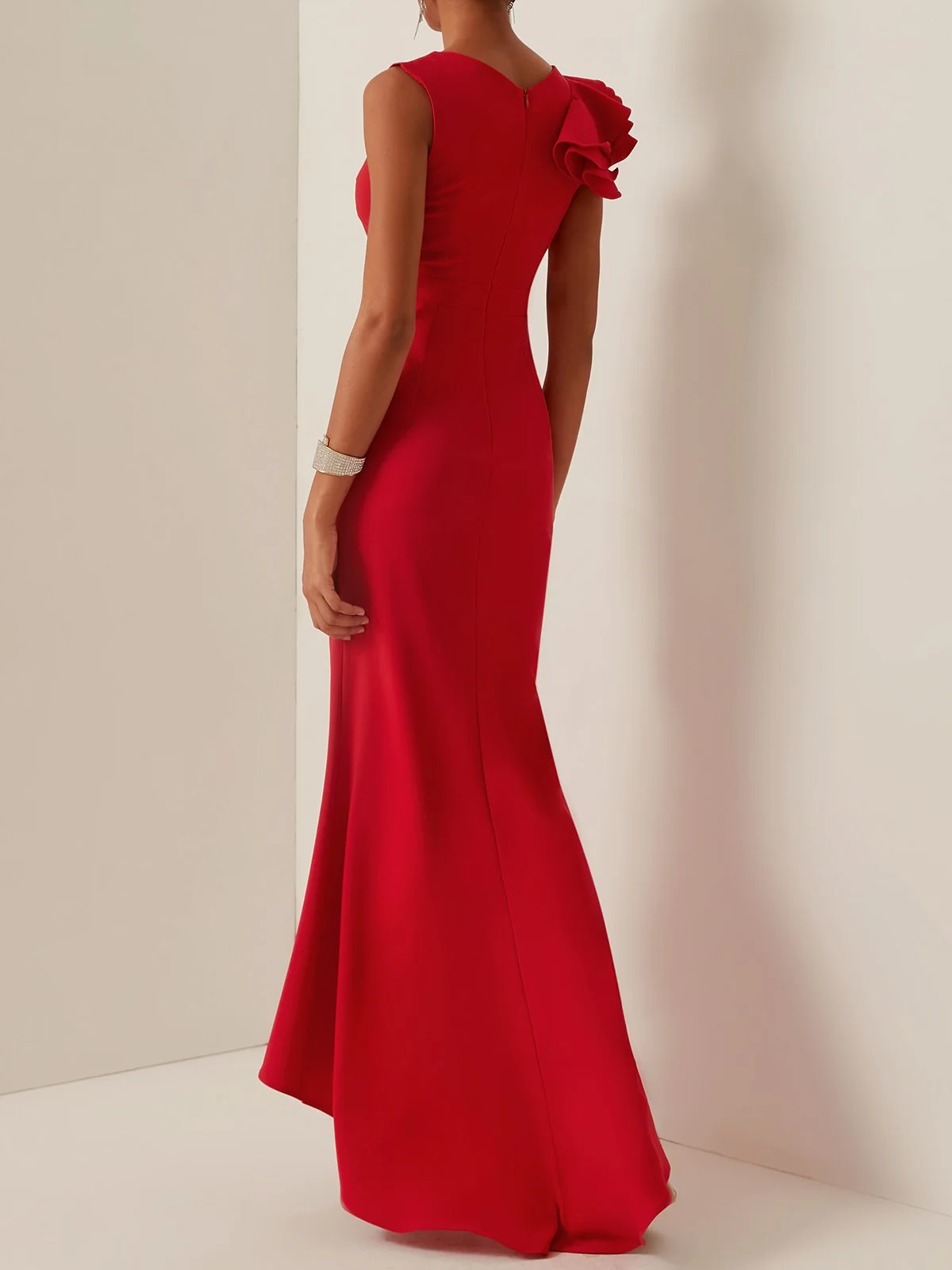 Red Asymmetrical Sleeveless Sheath Maxi Dress