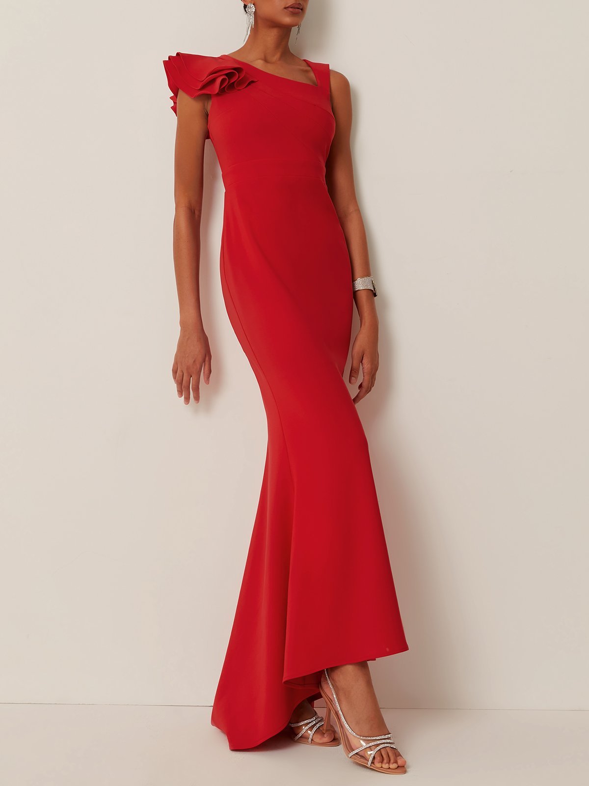 Red Asymmetrical Sleeveless Maxi Prom Dress