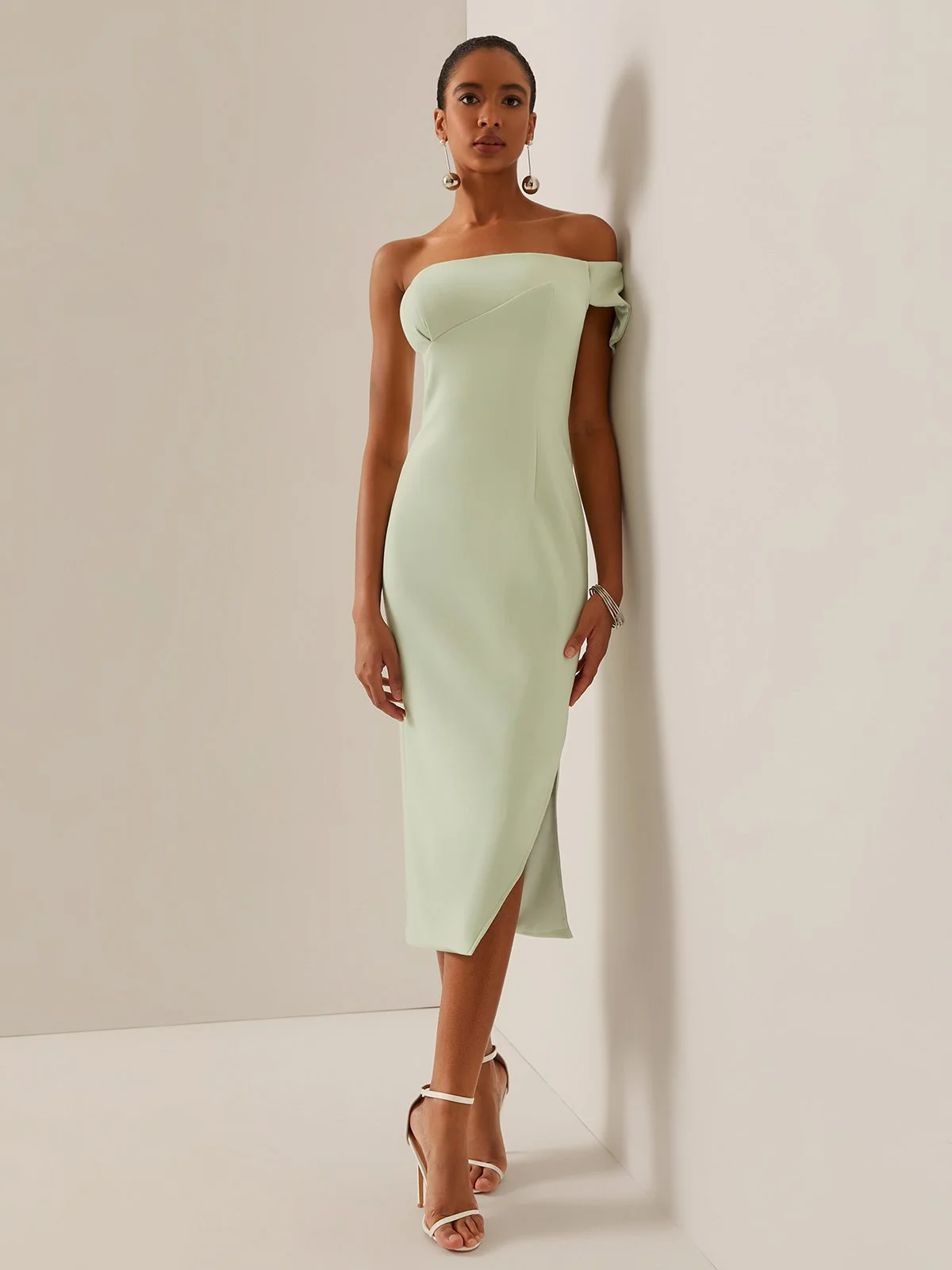 Green Off The Shoulder Slit Sheath Midi Dress