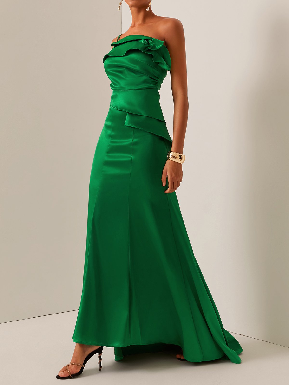 Green Ruched One Shoulder Sleeveless A-Line Gown