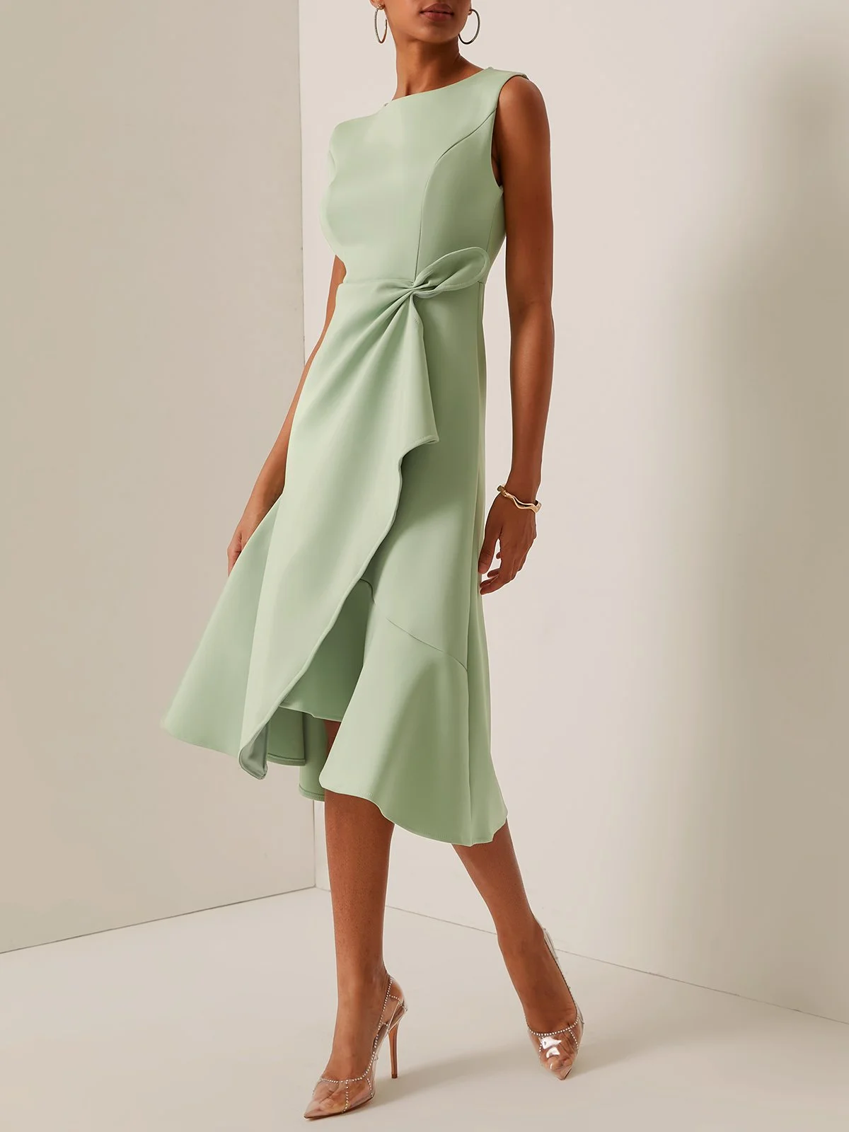 Red Sleeveless Midi Elegant A-line Dress with Waist Twist for Day-to-Night